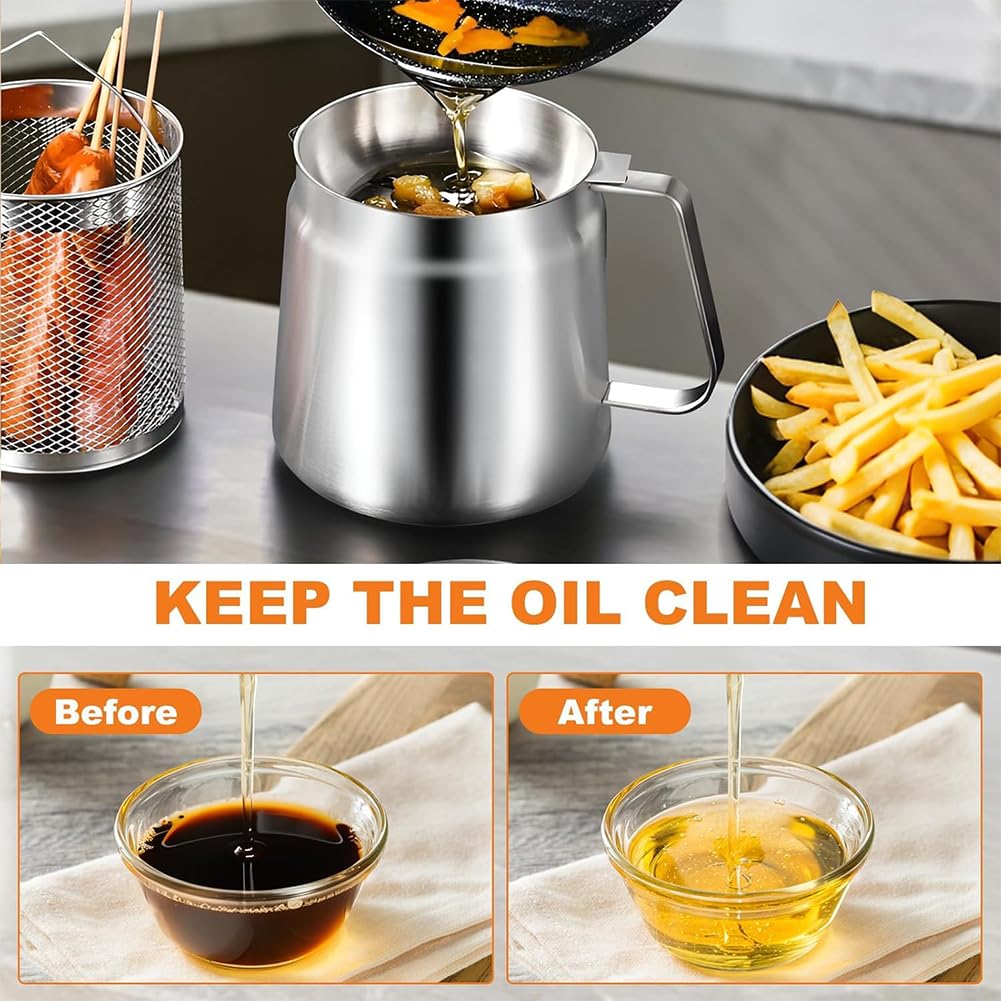 Marmite à Friture 2-en-1 en Inox 304 avec Panier, Pichet Filtre à Huile 2L, Mini Friteuse Induction et Récipient pour Graisse de Bacon, Idéal Cuisine et Camping (1.5L)