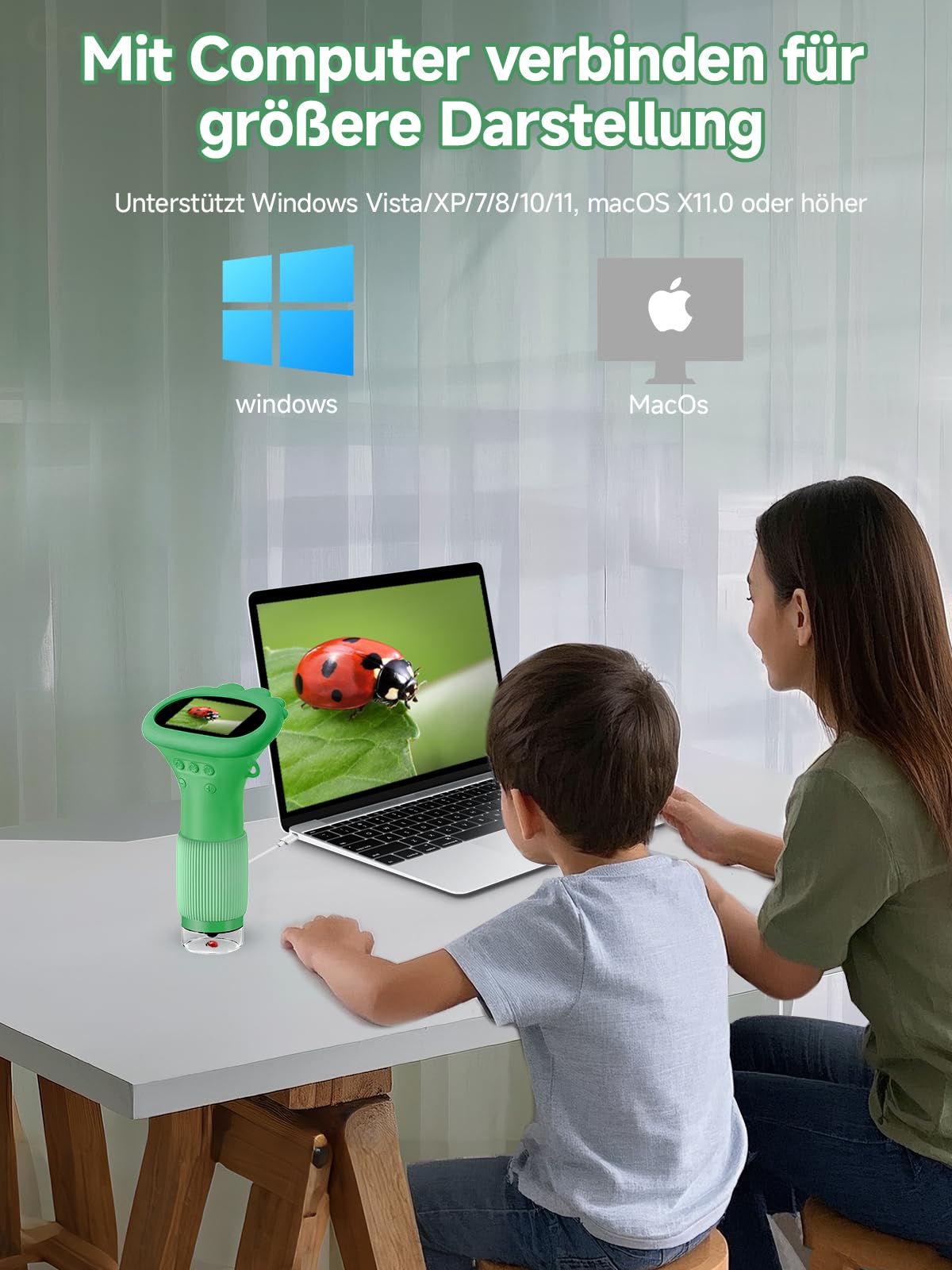 Acoath Mikroskop für Kinder, Digitales Taschenmikroskop mit 2,0" IPS-Bildschirm Lupe 200x Vergrößerung, 8 LED Lights Handy Kindermikroskop für Garten Spielzeug - Grün