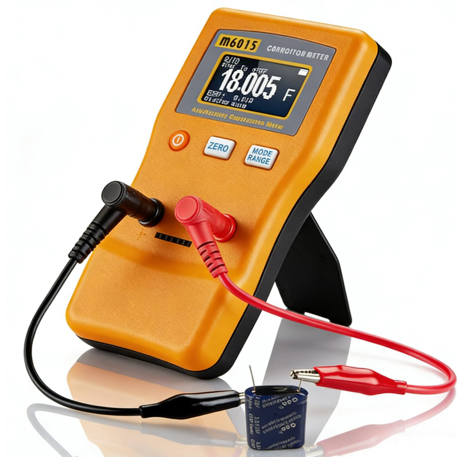 Digital Kapazitätsmessgerät, 0.01pf Bis 470mf Kondensator Messgerät Kapazitätsmesser, M6013 Auto-Ranging Capacitance Meter Capacitor Tester Mit 2 Testclips und Halterung für Gerätefehlerprüfung
