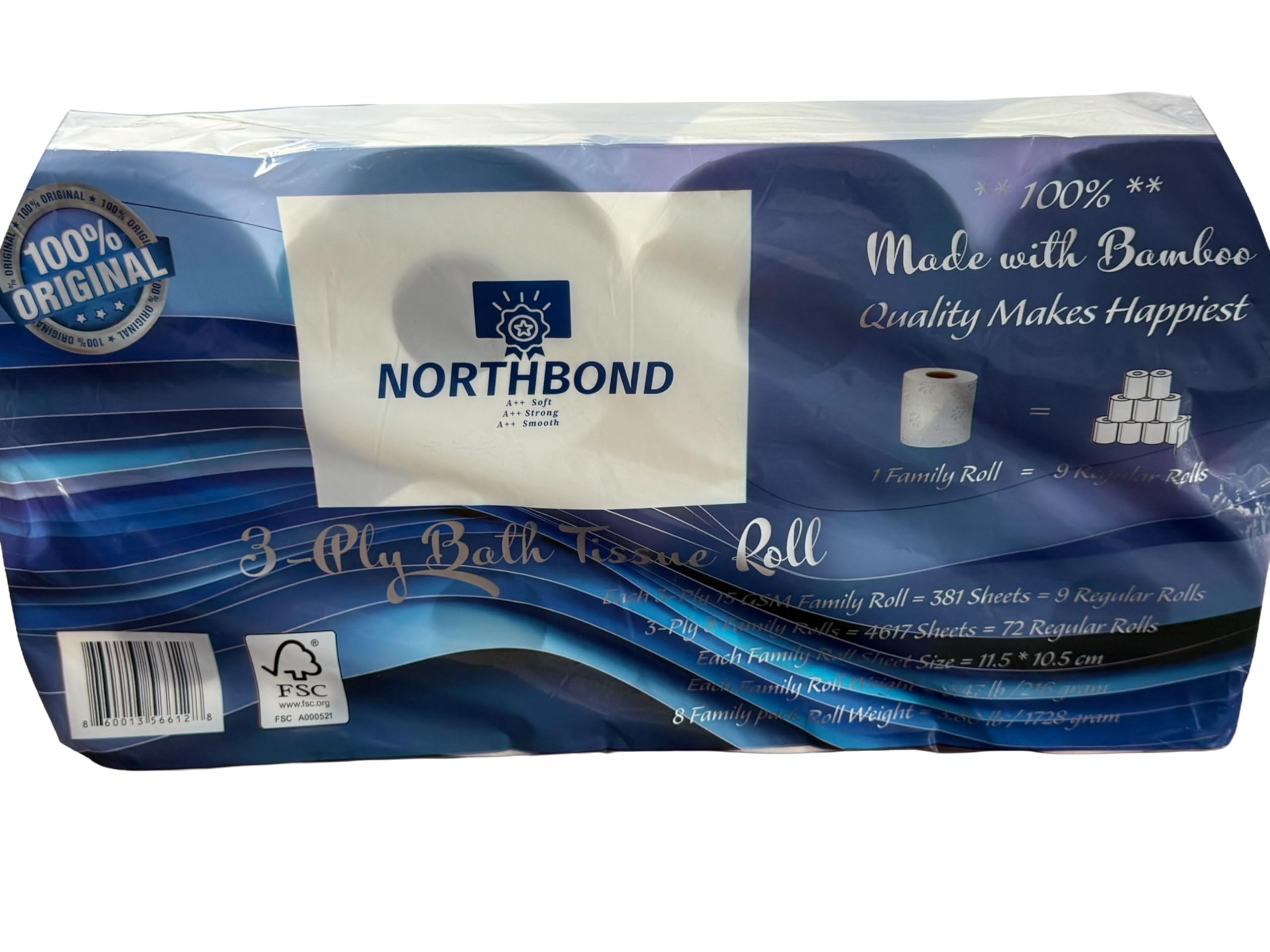 Northbond Strong Soft 3-Ply Bamboo Toilet Paper Eco-Friendly Sustainable Ultra-Absorbent Bulk 8-Pack 72 Regular Rolls 4617 Sheets for