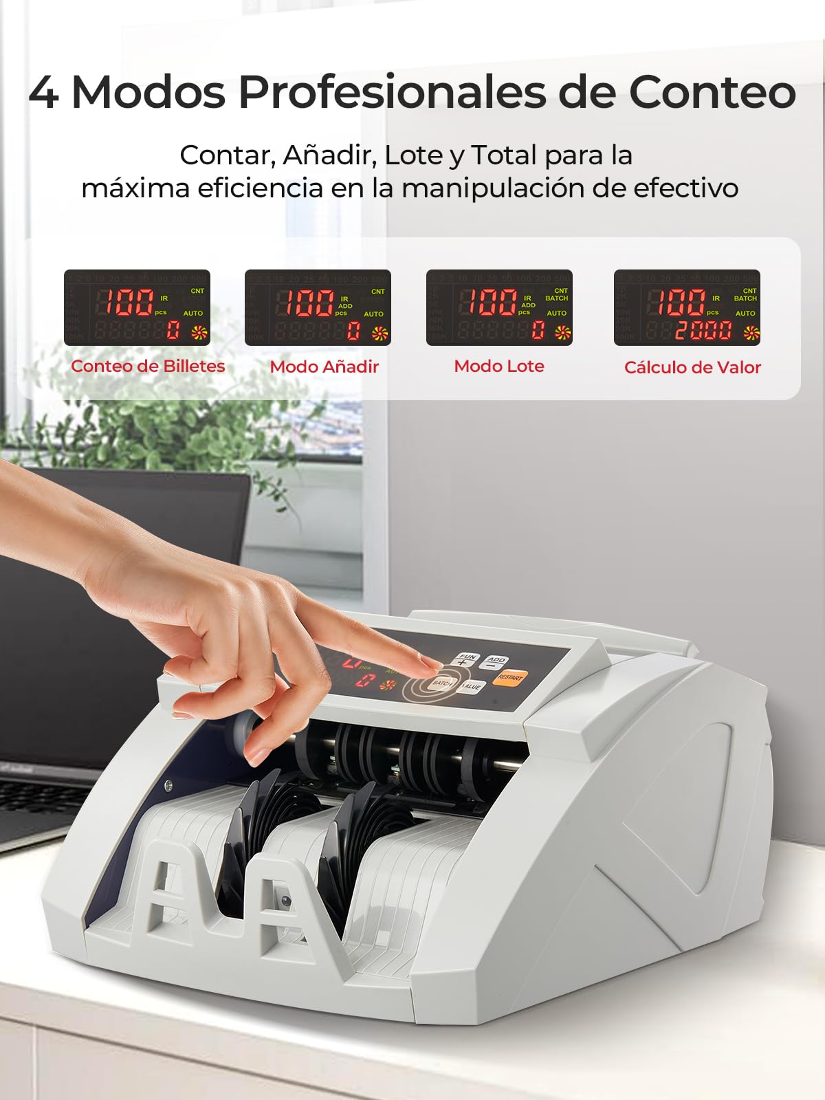 Contador de Billetes FOHERE, Maquina contar Billetes Profesional con Detección de Falsificación UV/MG/IR/DD, 1100 Billetes/Minuto, Pantalla LCD, Modos Valor y Lote para Tiendas, Bancos y Restaurantes