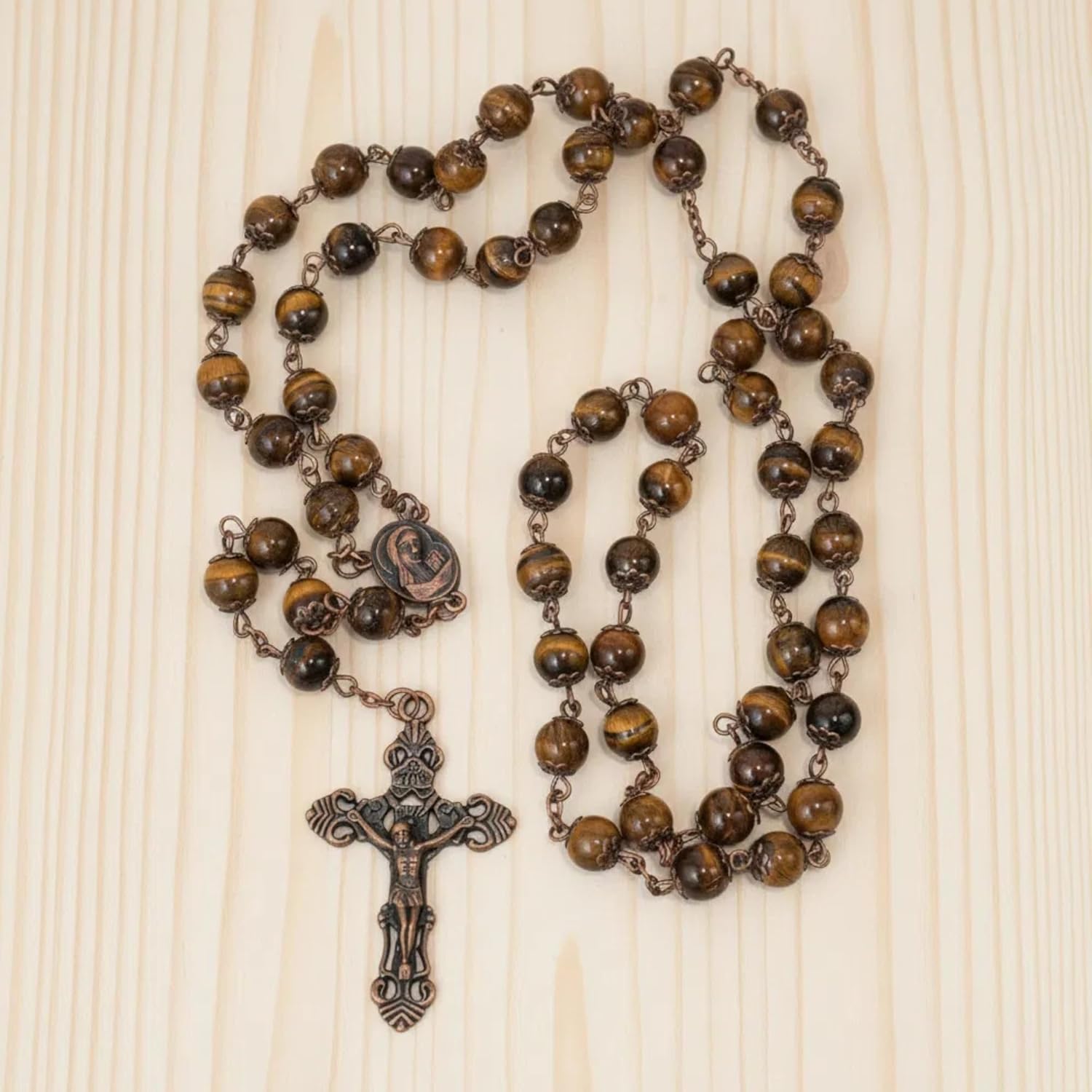 Nazareth Store Natural Stone Beads 8mm Rosary Necklace Antique Copper Design Holy Soil Medal & Cross in Velvet Bag - Catholic Rosaries Terra Santa Jerusalem Collection - Image 2