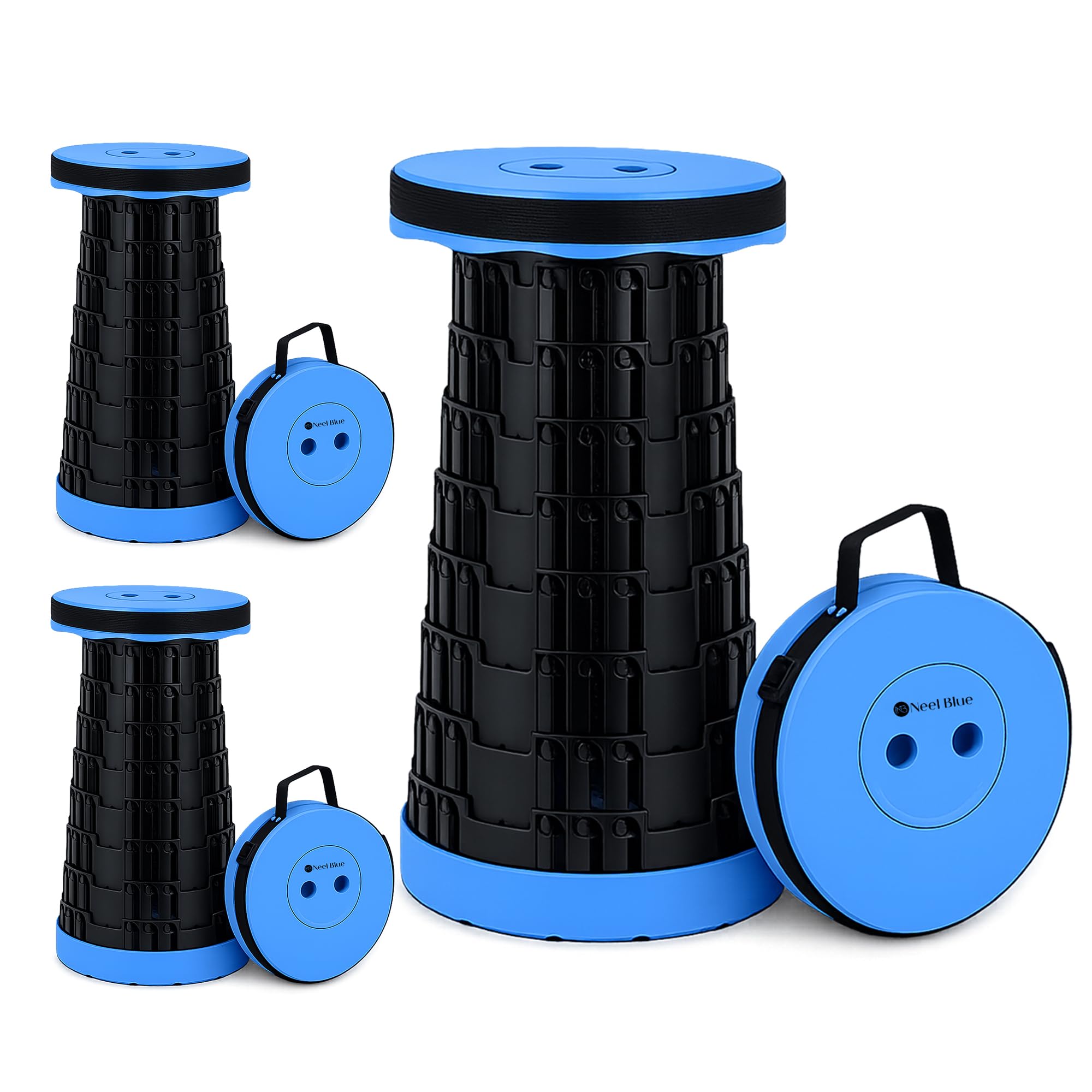 WedDecor Lot de 3 tabourets télescopiques rétractables pliables Bleu roi 200 kg | Tabouret réglable et léger en plastique avec capacité de charge de 200 kg pour camping, randonnée, jardin, barbecue et maison