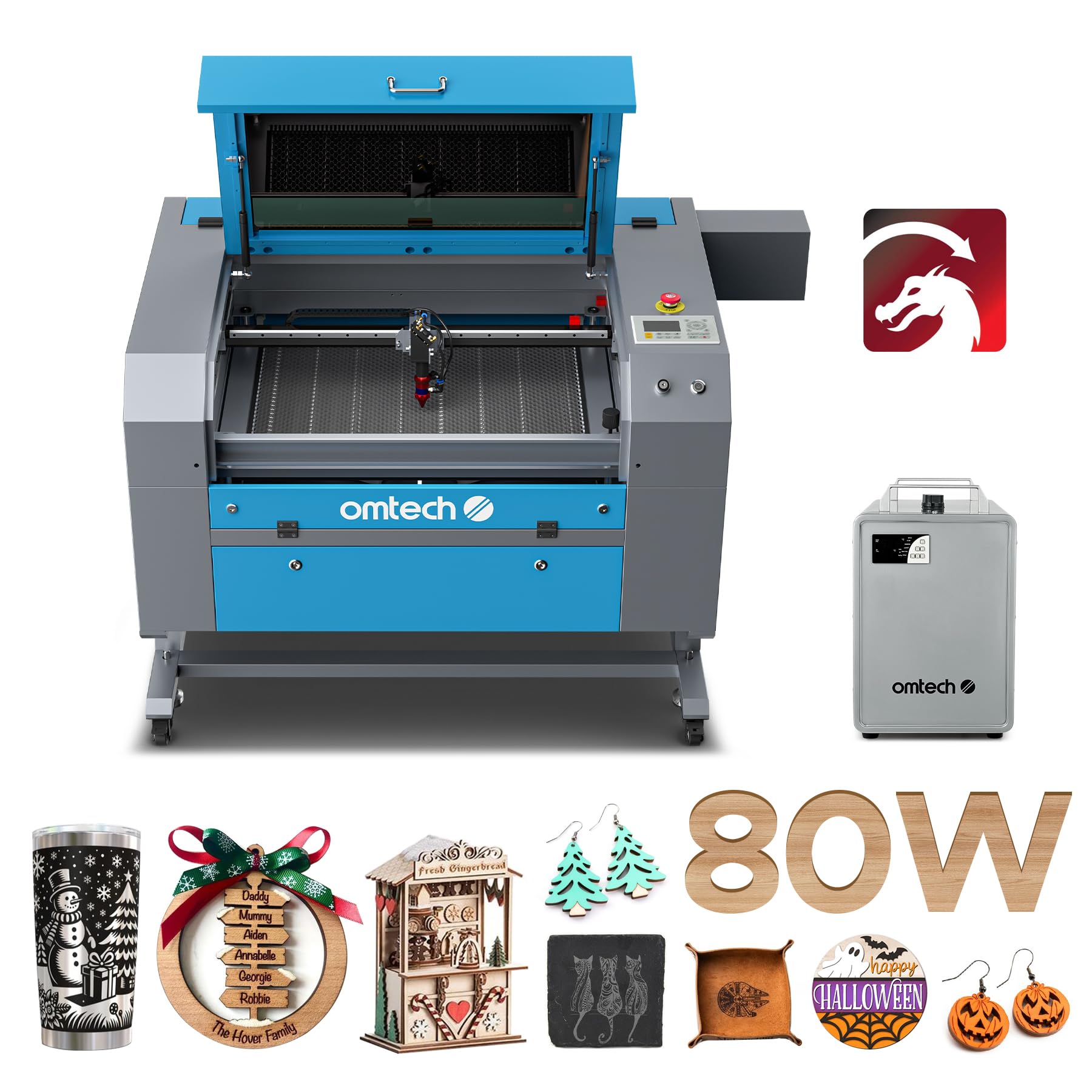 OMTech 90W CO2 Laser Engraver with LightBurn & Water Chiller, 20"x28" Laser Engraving Cutting Machine with Autofocus Autolift 4 Way Pass Air Assist, Commercial Laser Cutter for Wood Glass Acrylic More