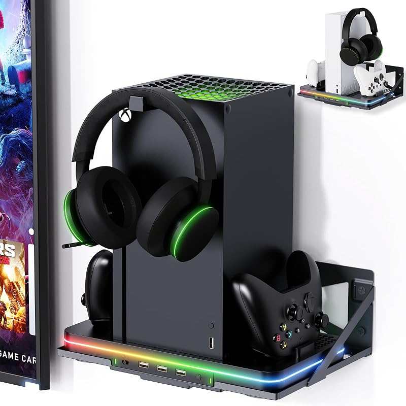Soporte de pared con soporte de carga de refrigeración para Xbox Series X/S, Luckit vertical dual controlador estación de carga compatible Xbox Series X/S accesorios de consola con ventilador de refrigeración, 3 puertos USB y 2 soporte para auriculares