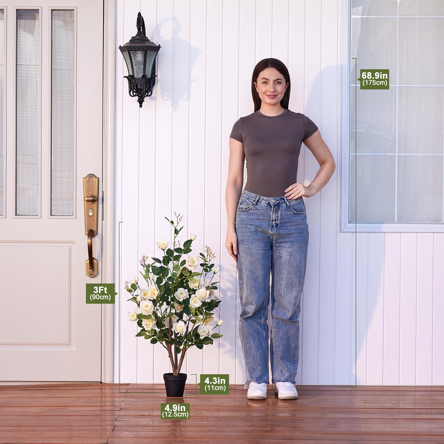 Fake Rose Plants,3Ft(36") Orange Artificial Roses,UV-Resistant Faux Silk Flowers for Indoor Outdoor,Potted Faux Trees for Home Decor, Courtyard,Patio, Front Porch Topiary Set of 2