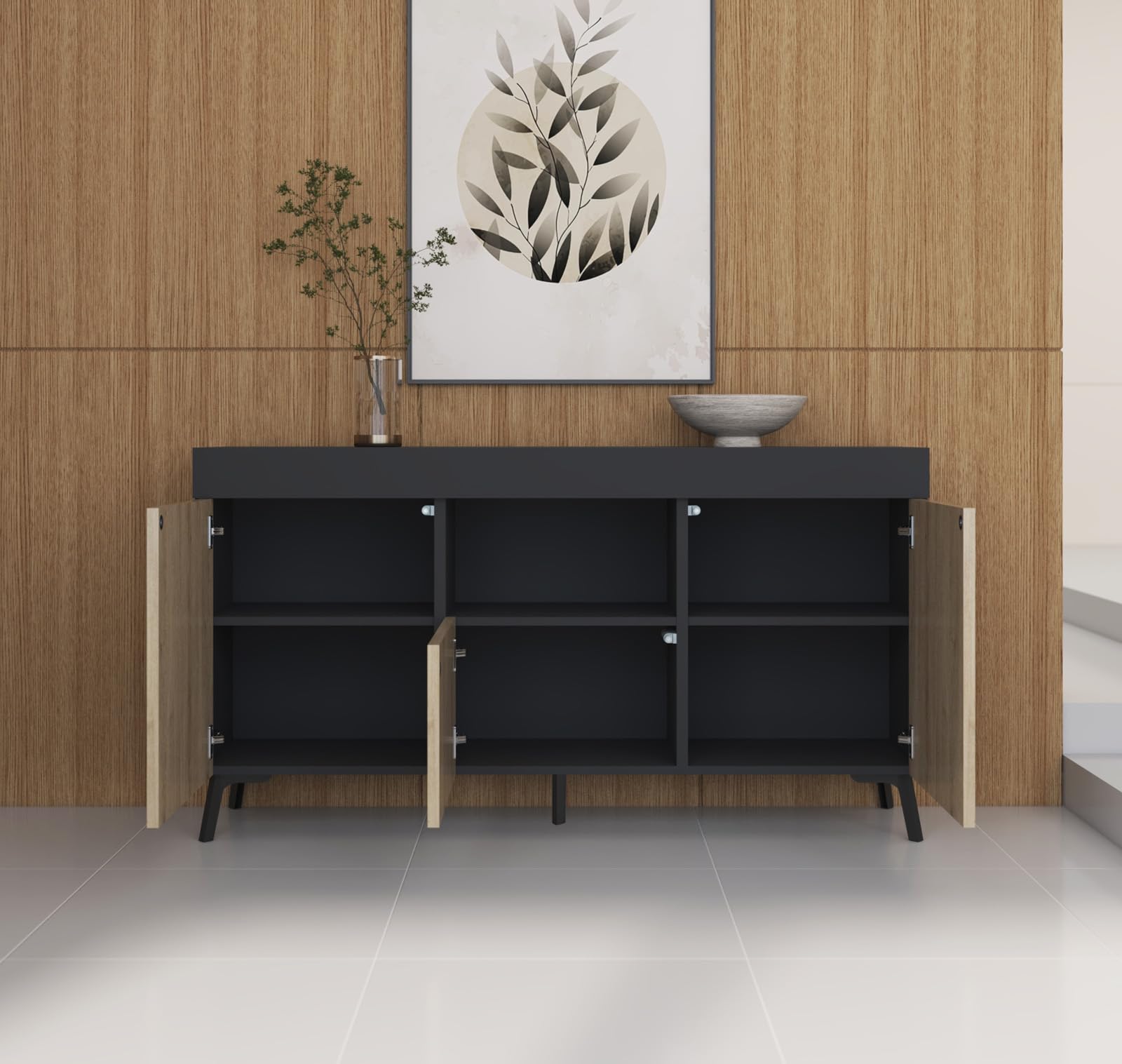 MB Muebles Bonitos | Aparador bajo Kai con 3 Puertas para Salón Comedor Moderno | Mueble de Melamina Mate | Color Negro y Sonoma | 130x70x32,5 cm