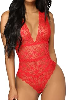 Womens One Piece Lingerie Deep V Teddy Sexy Lace Babydoll Bodysuit Hollow Out Floral Lace Underwear Suit Outfits Tops