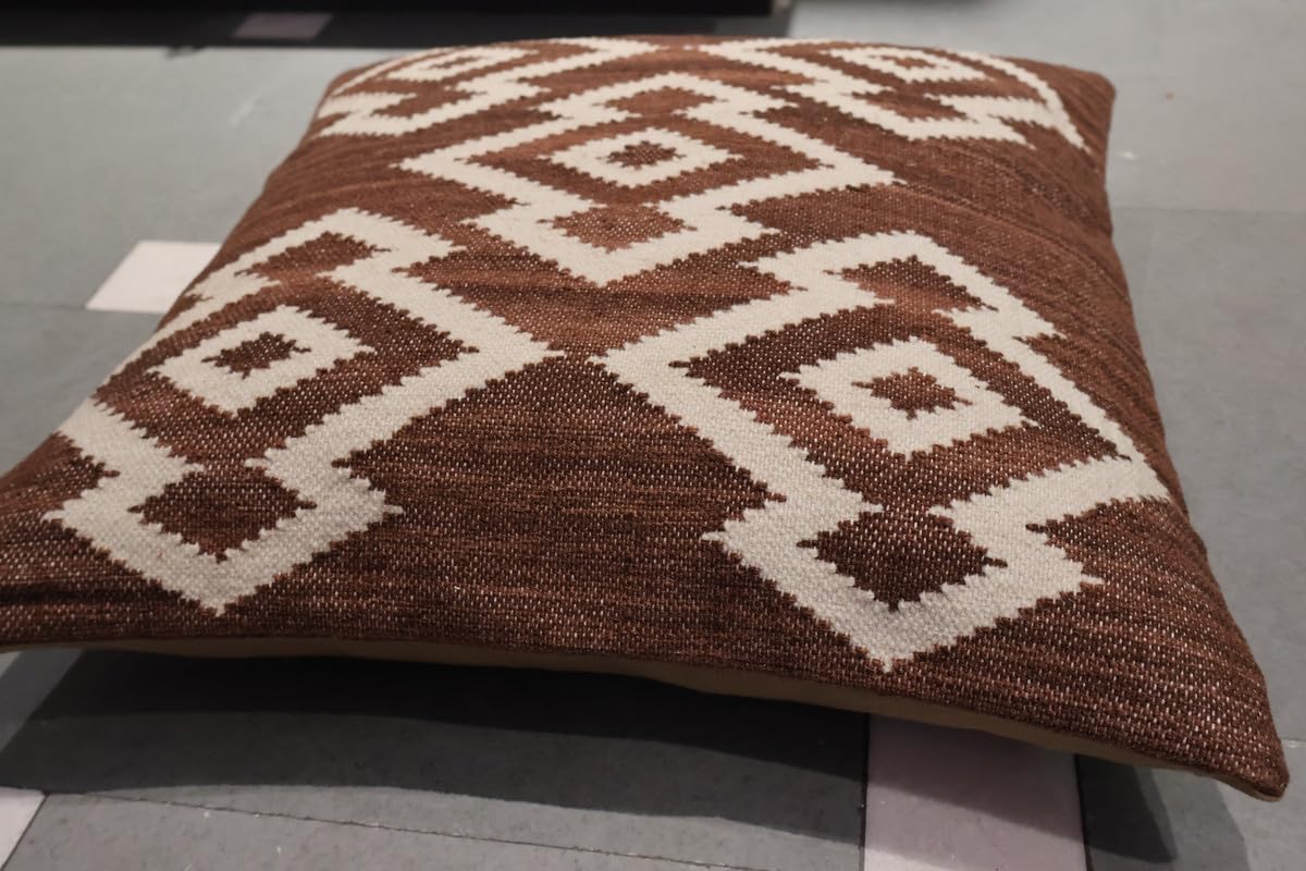 Handmade 100% Wool Kilim Pillow Cover – 18x18 Inches, Durable Indian Cushion Case, Premium New Zealand Wool for Home Decor (Brown White, Pack of 4)