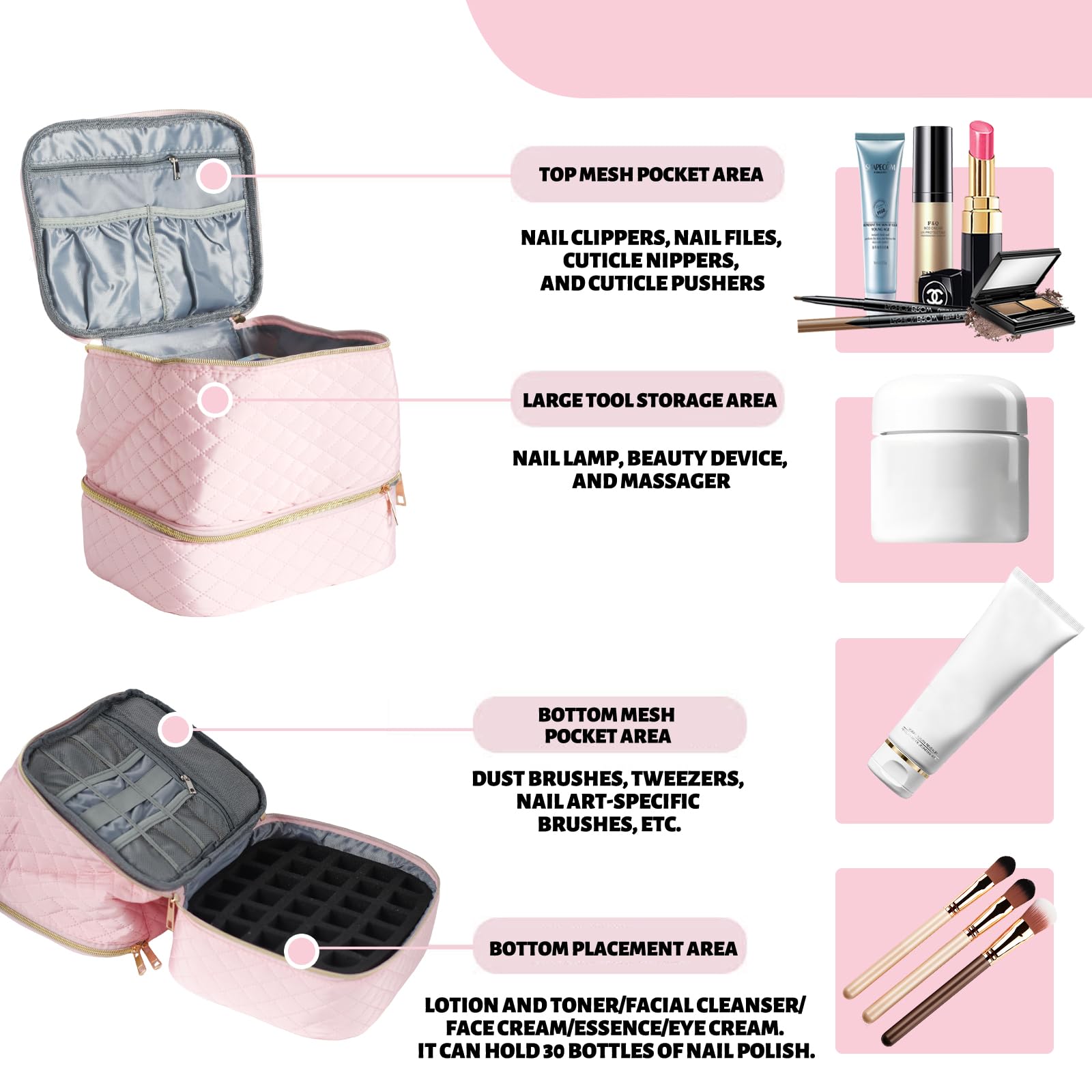 Porta Smalti Organizer Valigetta per Unghie,Portatile Borsa Porta Smalti Contenitore per Smalto a Doppio Strato per 30 Flaconi Di Smalto e Accessori per Unghie