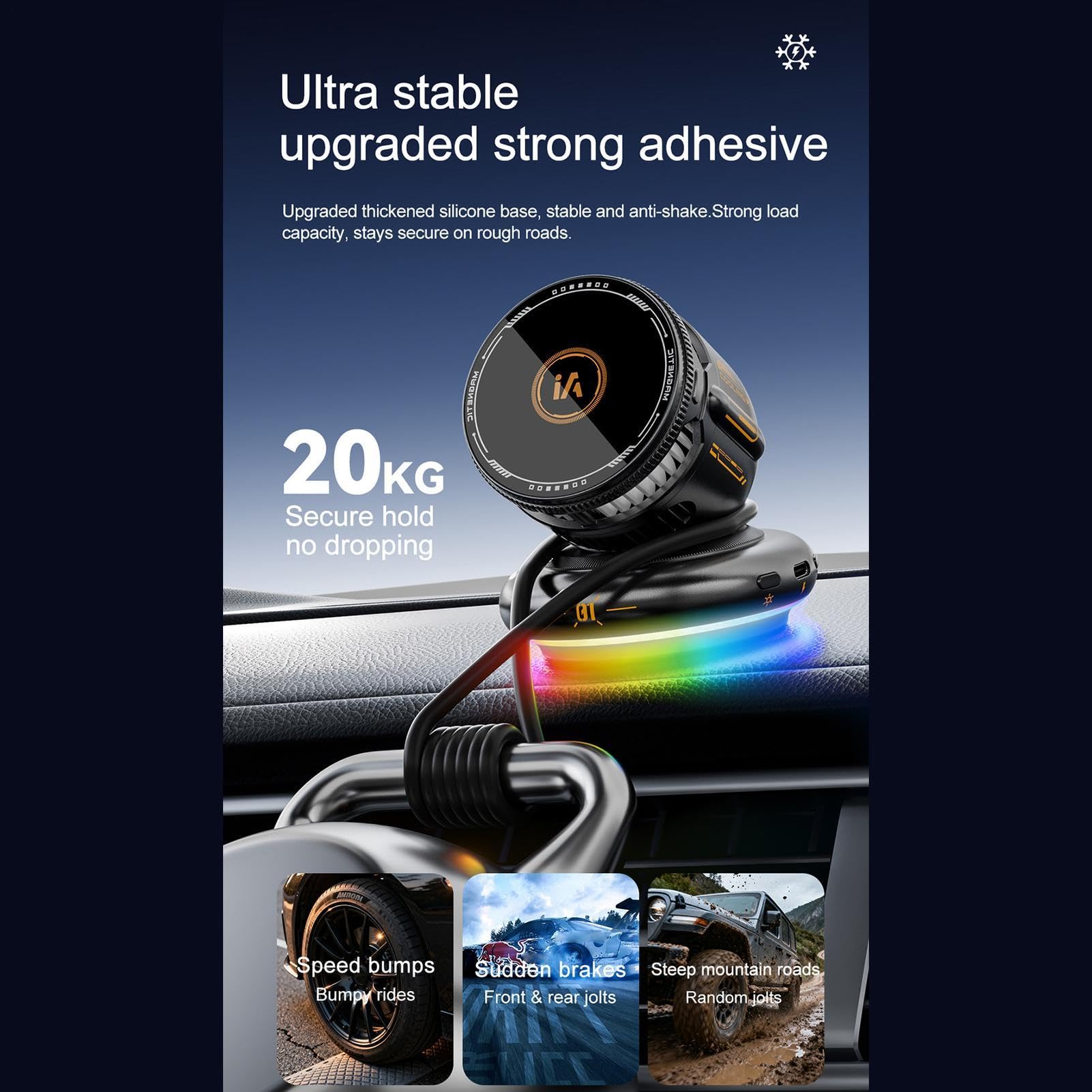 Uchwyt samochodowy na telefon z podświetleniem RGB, zmywalną podstawą i | Akcesoria Samochodowe Magnetyczne Mocowanie do aut, SUV, biurko,