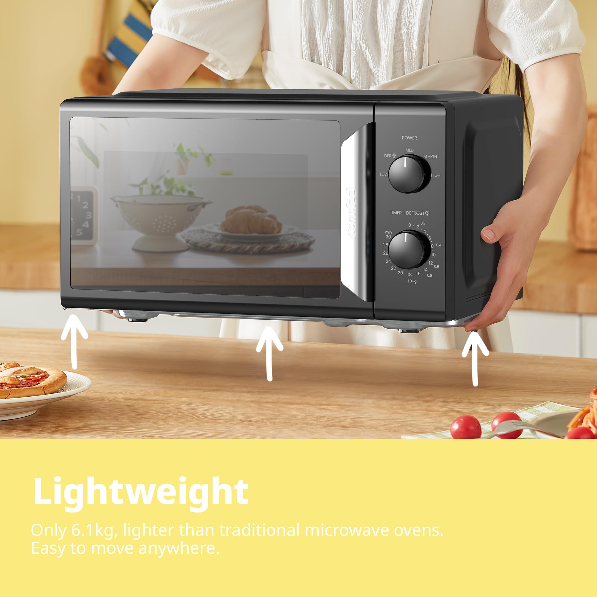COMFEE' 19L 700W Black and Mirror Mini Microwave Oven, Compact Design, InverTech and Quick Defrost Function, 5 Cooking Power Levels with Kitchen Manual Timer - Mirror Design CMO-MP012ND(MB) — view 2