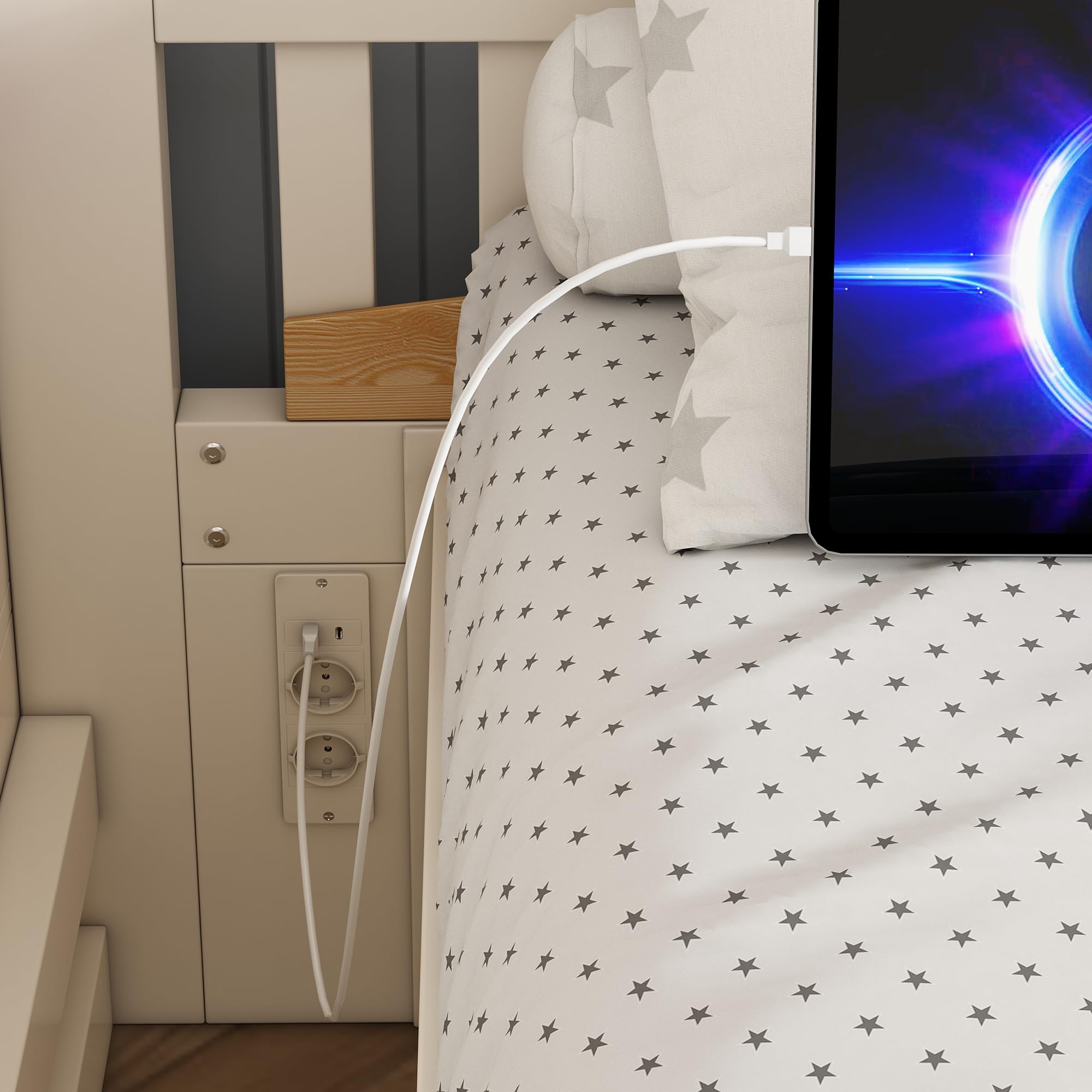 Letto a Castello per Bambini 90x200 e 140x200cm con Contenitore Idraulico, Porta USB-C, Scala di Stoccaggio e Mensole Sospese, Struttura del letto in Legno(Senza materasso)