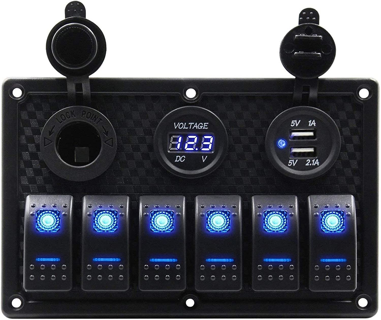 Panel de interruptor basculante para barco impermeable con pantalla de voltaje digital, puertos USB duales, fusible y luz LED para coche, camión, caravana, vehículos, yate(6 bandas, azul)