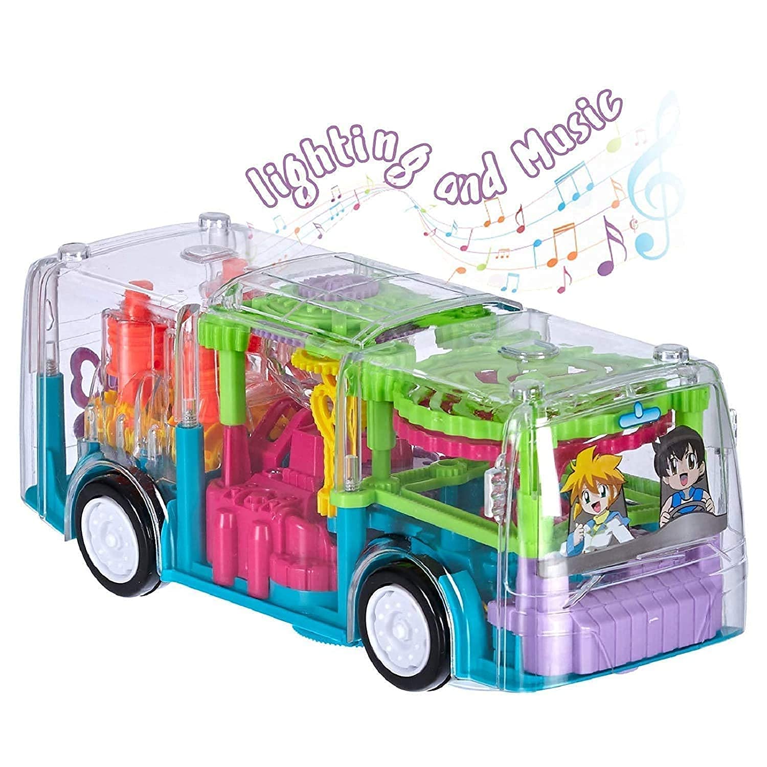Goyal's Transparent Gear 3D Concept Bus Toys - 360° Rotating Vehicle, Moving Gear Simulation Technology Bus Sound and Colorful Lights for Kids 1 Year & Above (Gear Concept Bus)