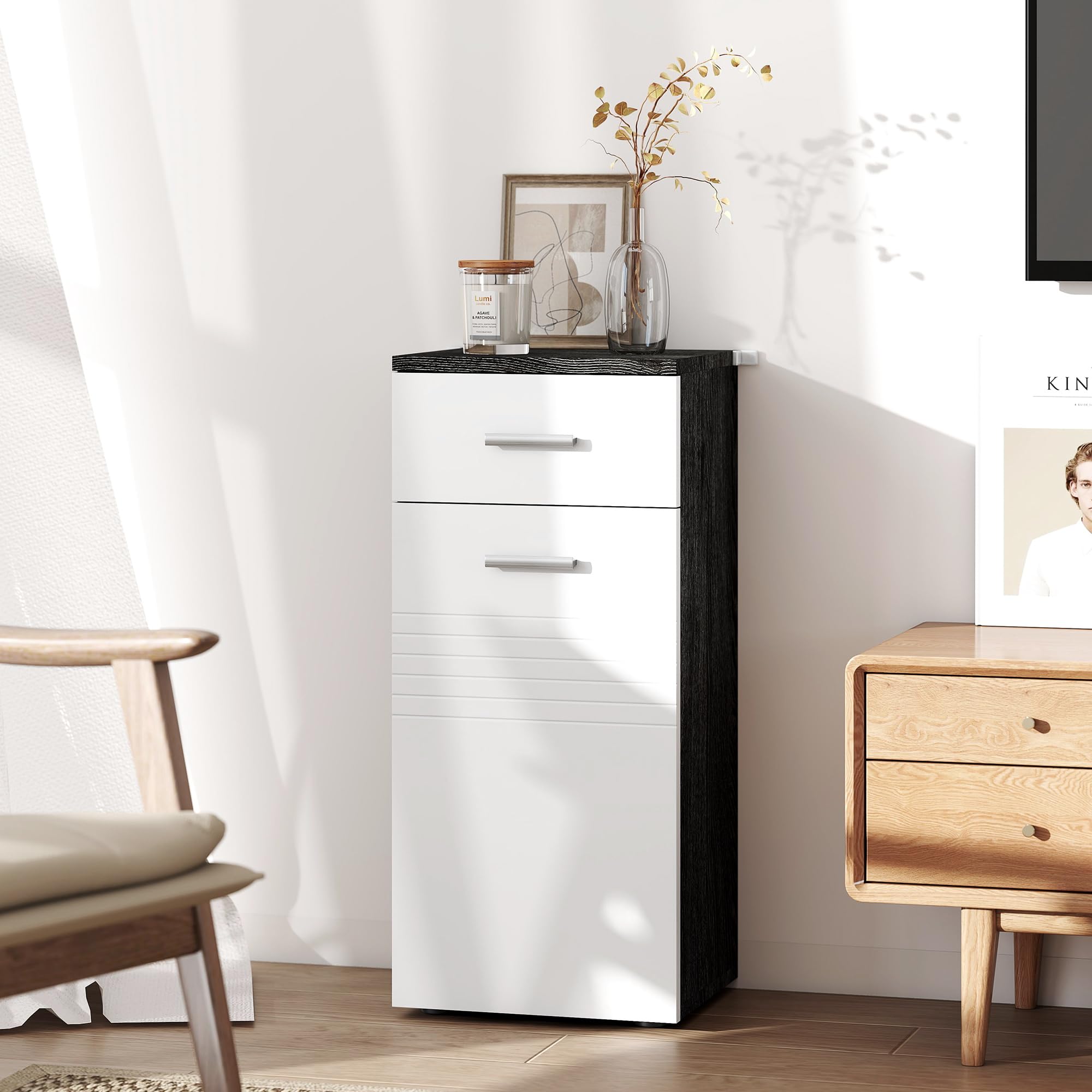 kleankin Mobile Bagno con Cassetto e Armadietto a un'Anta, Mobiletto da Bagno Salvaspazio in Legno, Armadietto per Sala da Pranzo, Salotto, Soggiorno, Cucina, 35x30x77.5 cm, Bianco e Nero