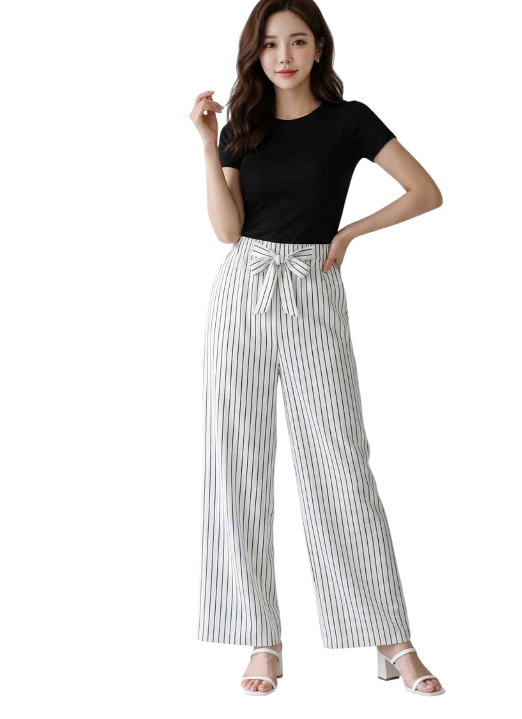 Women's Relaxed-Fit Korean Style Wide Leg Drawstring Striped Trouser (Palazzo Style), Elastic Waistband, Comfortable Everyday Wear, 91 cm Length, 56CM Waist Unstratched, Size- Small-picture-25