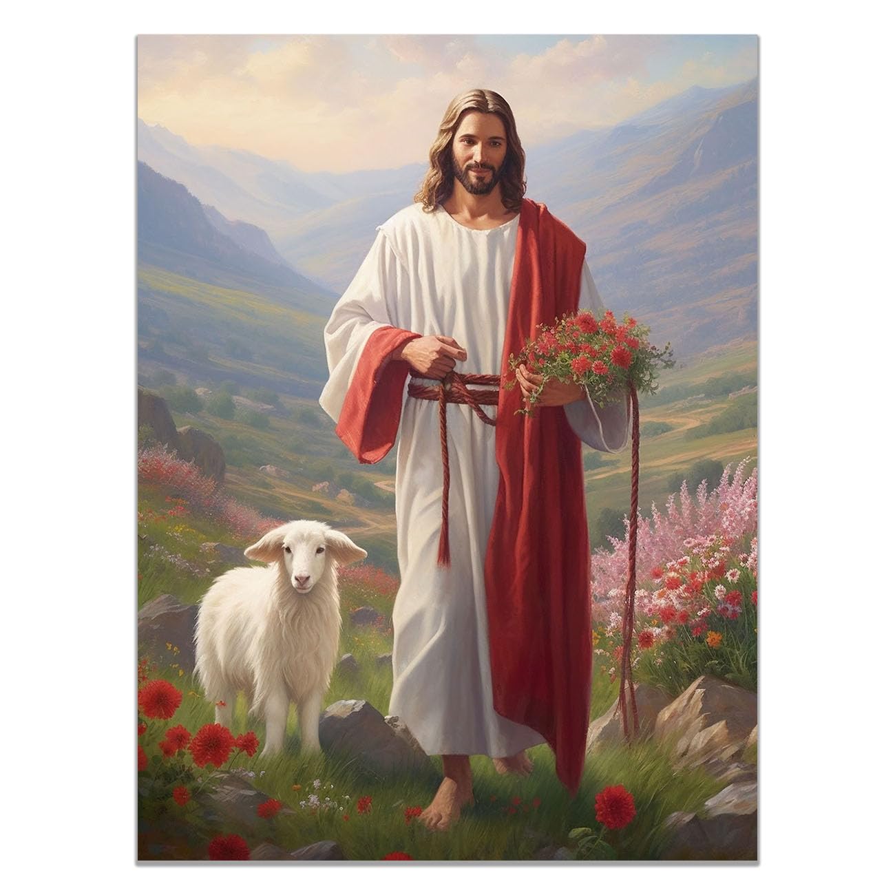 QUSAAOU Christian murals Jesus with a Lamb and Wildflowers Jesus canvas murals Canvas Wall Decor，Suitable for office,living room,bedroom and church decoration(green)-70x100cm Unframed