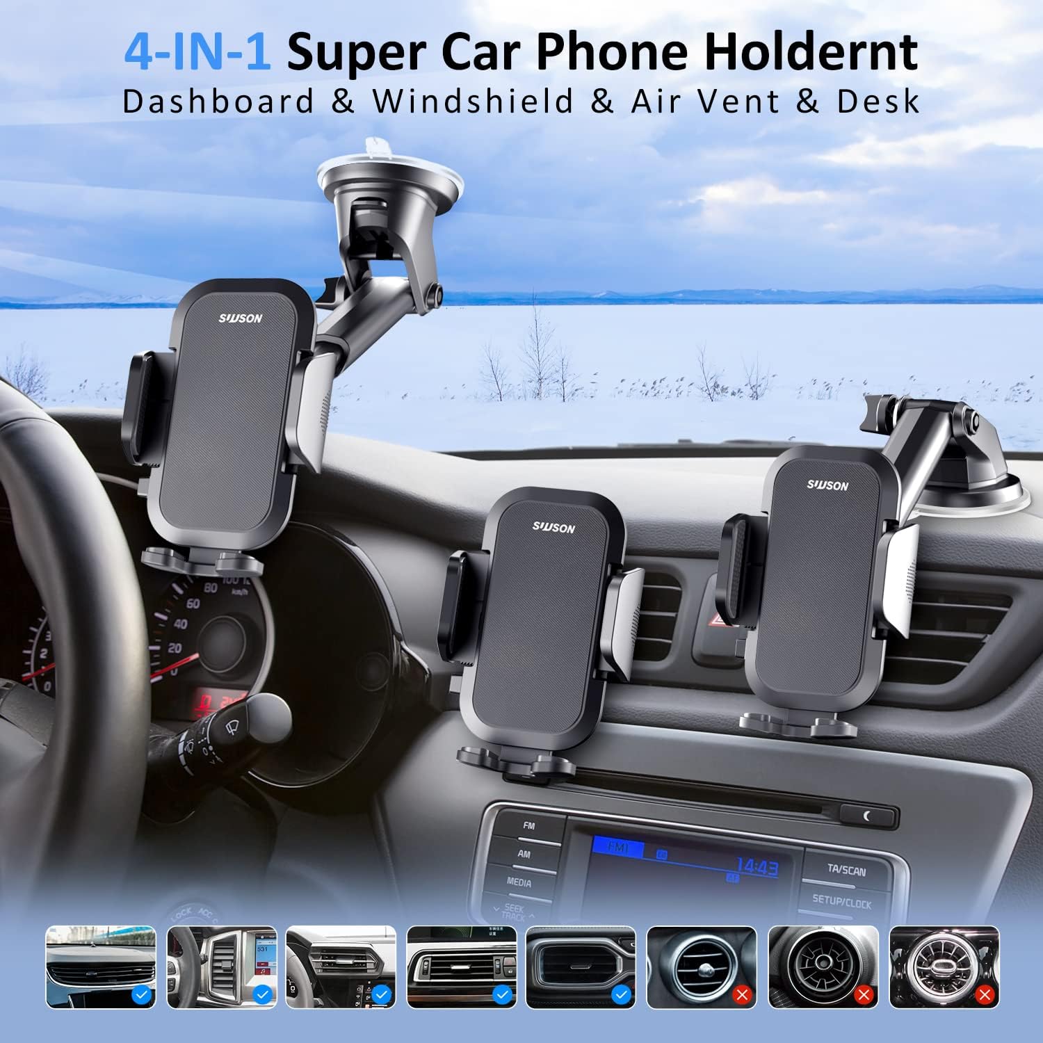 SUUSON Phone Holder for car -3in1 Long arm Car Phone Holder Mount, Suitable for car Dashboard/Windshield/Vent, car Adjustable Phone Holder, Compatible with All Smart Phones and Cars
