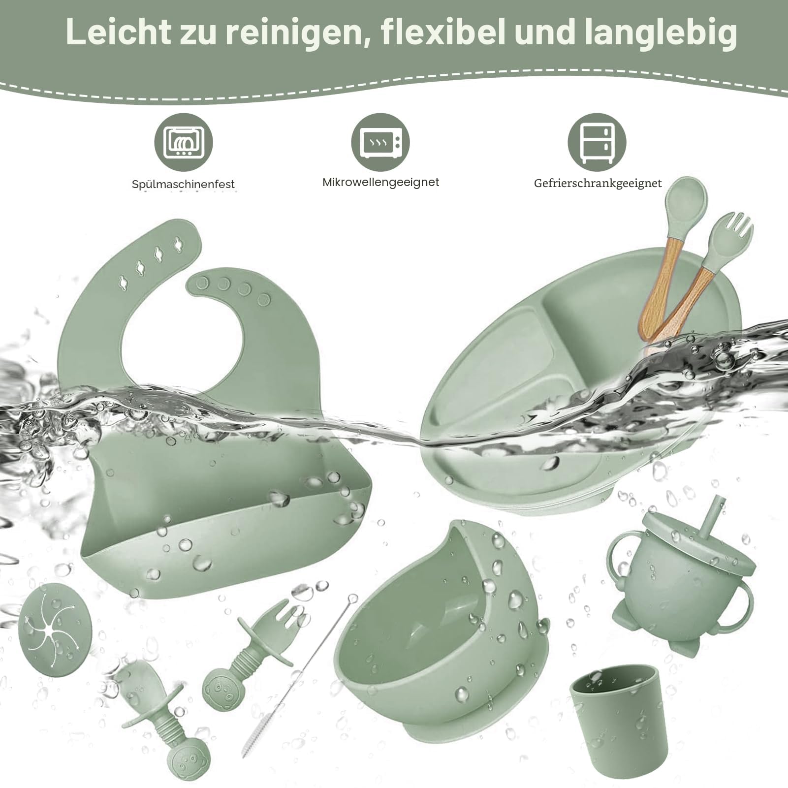 Baby Geschirrset,12er Set Kindergeschirr, Babylöffel,Trinklernbecher,Silikon Lätzchen,Baby Teller Kinderteller mit Saugnapf,Baby Led Weaning Set