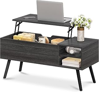 ALINE FURNITURE Gray Coffee Table Lift Top - Dark Grey Coffee Table with Solid Wood Legs, Hidden Storage Compartment & Open Shelves - 40" Rectangle Coffee Tables for Living Room