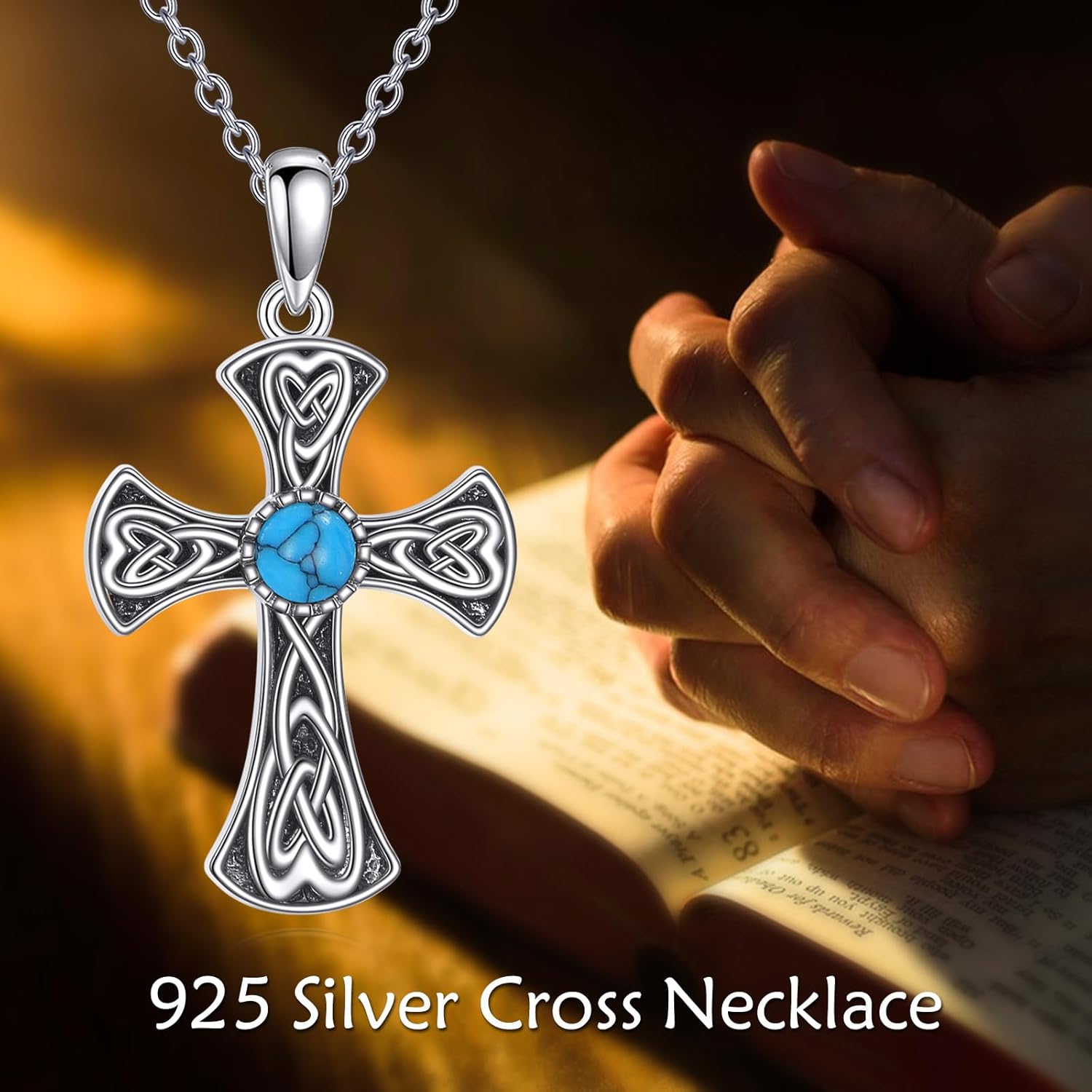 Turquoise Cross Necklace for Women 925 Sterling Silver Faith-Inspired Vintage Victorian Pendant Turquoise Jewelry Gifts for Mom Wife - Image 5
