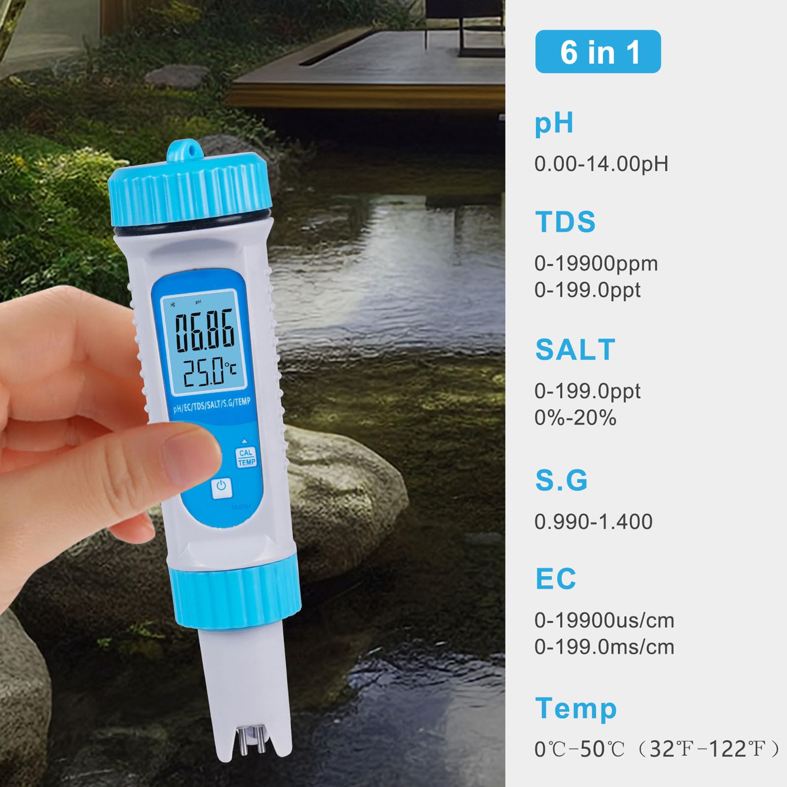 Testeur d'eau Intelligent PH-mètre, Résolution 0,01, Testeur d'eau Haute Précision, Testeur De Qualité De l'eau 6 en 1 PH EC TDS Salt S.G Temp Type De Stylo Testeur d'eau Numérique