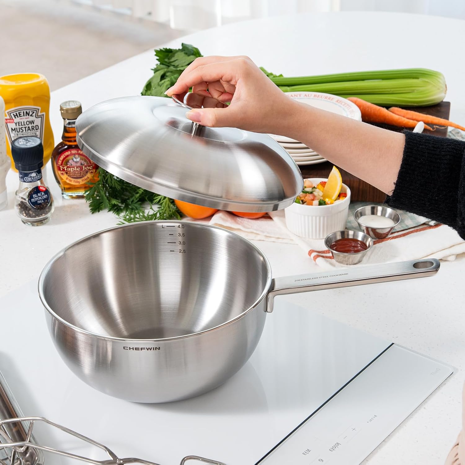 316 Stainless Steel 9.4-Inch Wok pan with Lid, Stir Fry Pan, 5Ply, Induction Cookware, Dishwasher Safe, Oven Safe