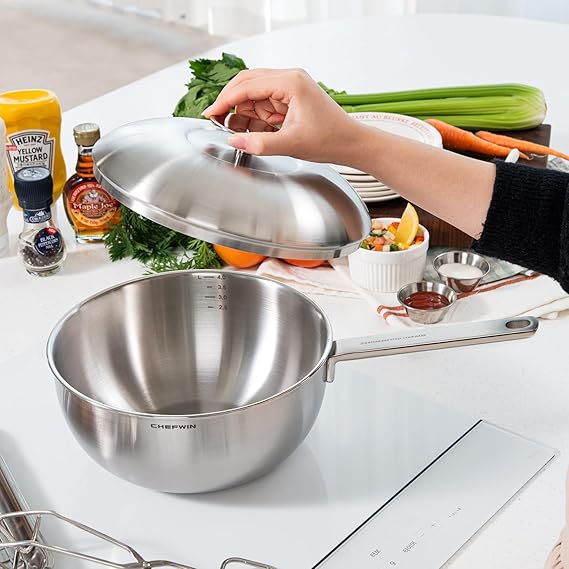 316 Stainless Steel 2-Piece Wok Pan Set (12.6-Inch 6.3 Quart & 9.4-Inch), with Lid and Steamer, Stir Fry Pan, 5Ply, Induction Compatible, Dishwasher Safe, Oven Safe