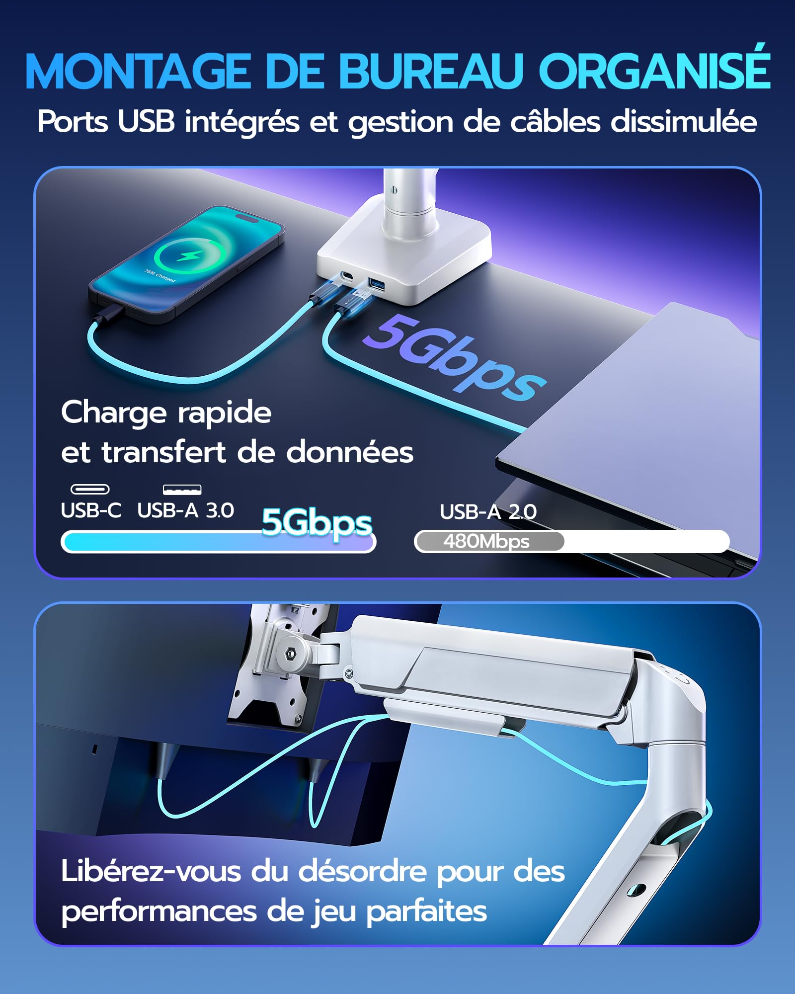 ARES WING Support de Moniteur avec USB pour écran Plat incurvé de 17" à 40"
