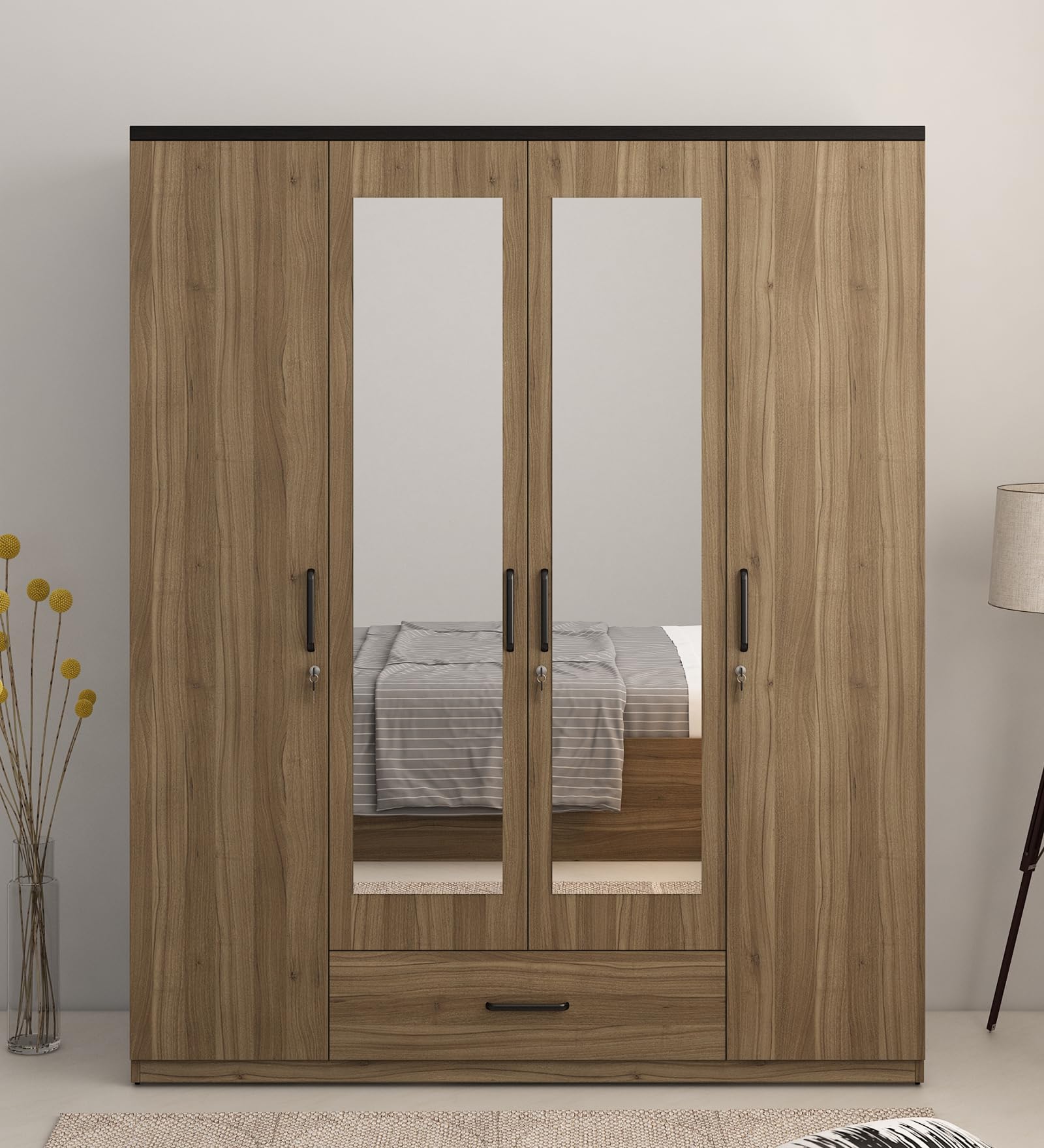 Spacewood Hover Wardrobe | 3 Year Warranty | Almirah, Cupboard, Almari, 4 Door Wardrobe with Mirror, 2 Drawer (1 Lock Drawer) and 2 Hanging Space |Engineered Wood| Lyon Walnut & Natural Wenge-image-46