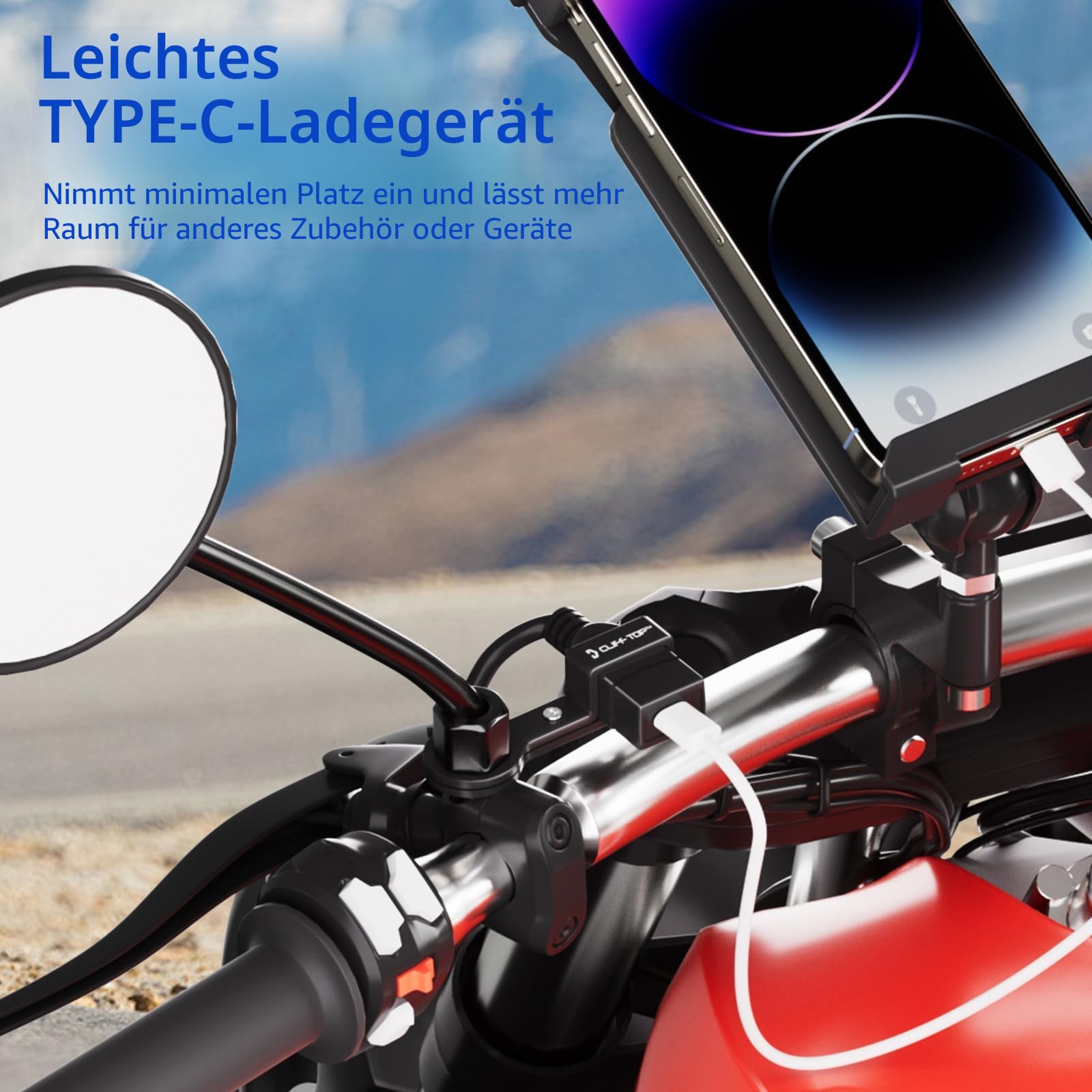 Cliff Top Motorrad-USB-Steckdose Wasserdicht 18W PD Type-C Schnellladegerät, 10mm Rückspiegelhalterung, USB Motorrad Ladegerät mit SAE-Sicherungskabel