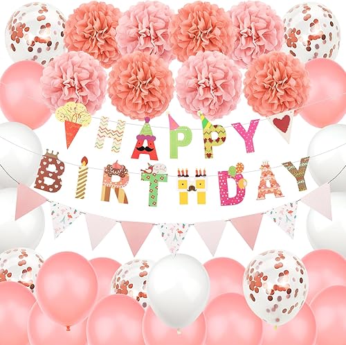 ZERODECO Decoraciones de cumpleaños de oro rosa, decoraciones de fiesta de cumpleaños tropical, flamenco tropical, pancarta de feliz cumpleaños,