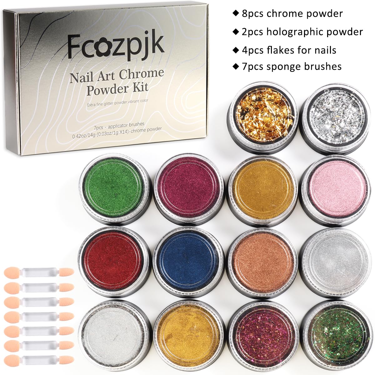 Fcozpjk- Juego de polvos cromados para uñas, 14 colores, rosa, azul, plateado, efecto metálico, polvo de espejo para uñas con pincel