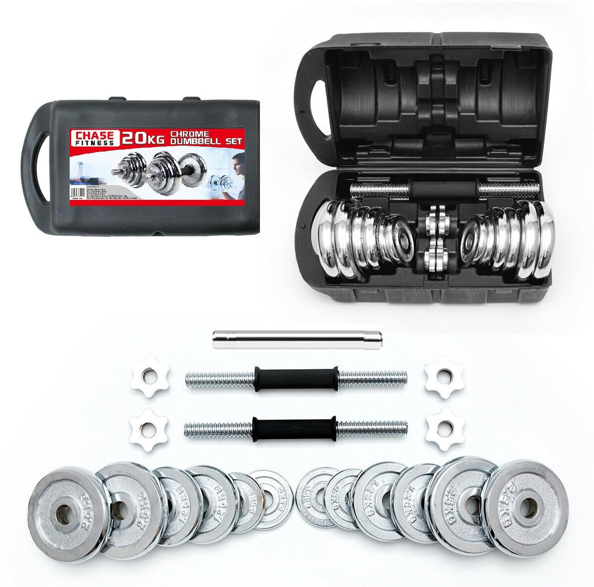 Chase Fitness Chrome Cast Iron Dumbbells Barbell 20kg Weight Set