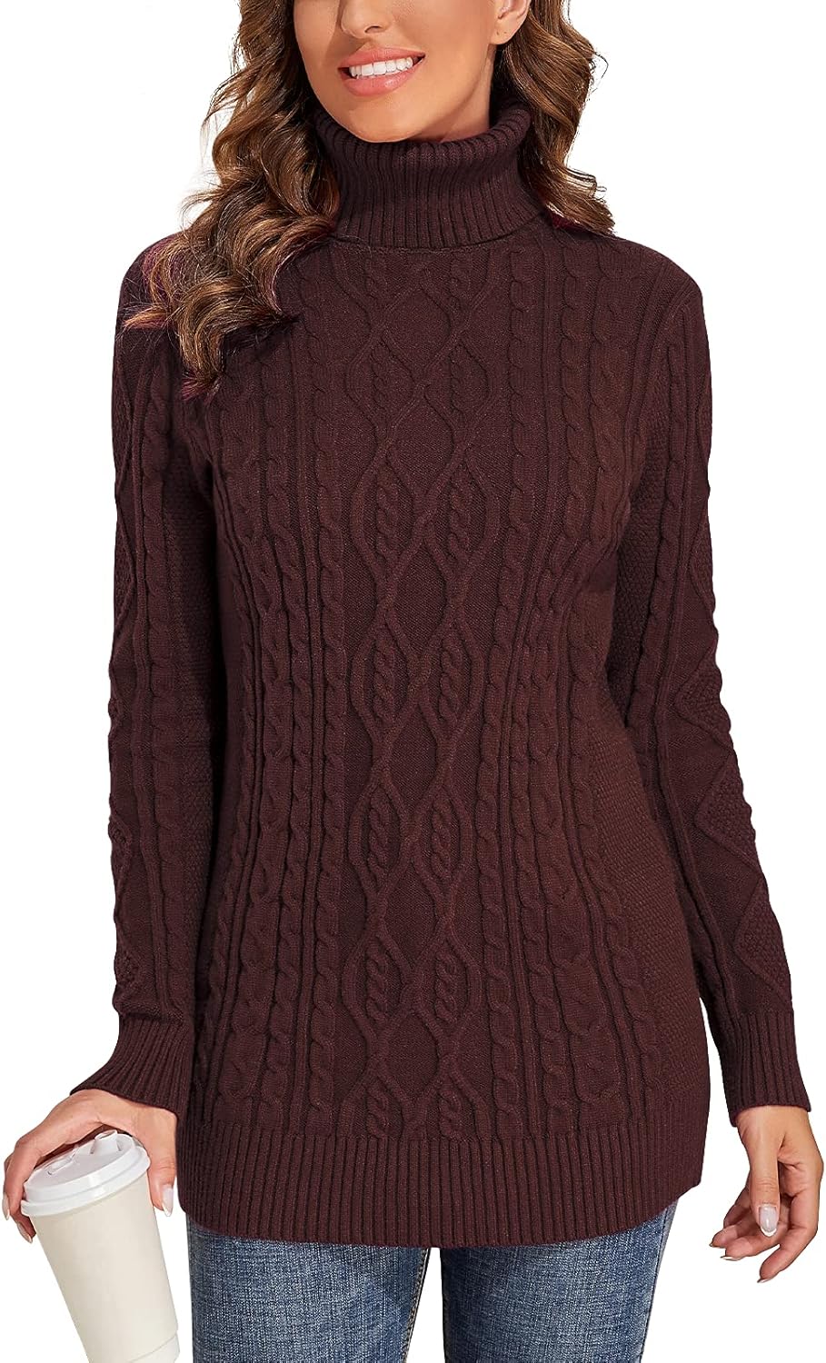 PrettyGuide Women's Long Sweaters Turtleneck Plus Size Cozy Cable Knit Tunic Sweater Tops - Image 2