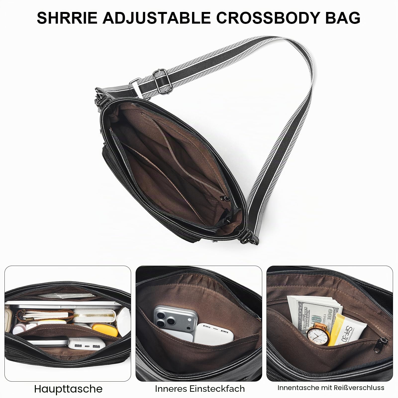 Shrrie Crossbody Taschen für Frauen Multi Tasche Vegan Leder Schultertasche Taschen für Frauen mit verstellbarem Gurt für Reisen