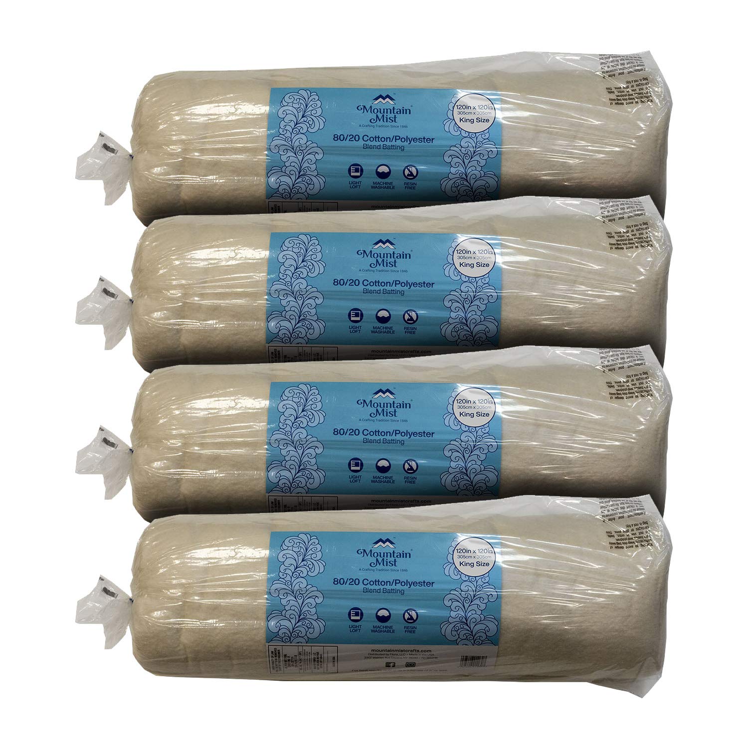 Mountain Mist 80/20 Cotton Polyester Quilt Batting King Size 120 Inches x 120 Inches, 4-Pack