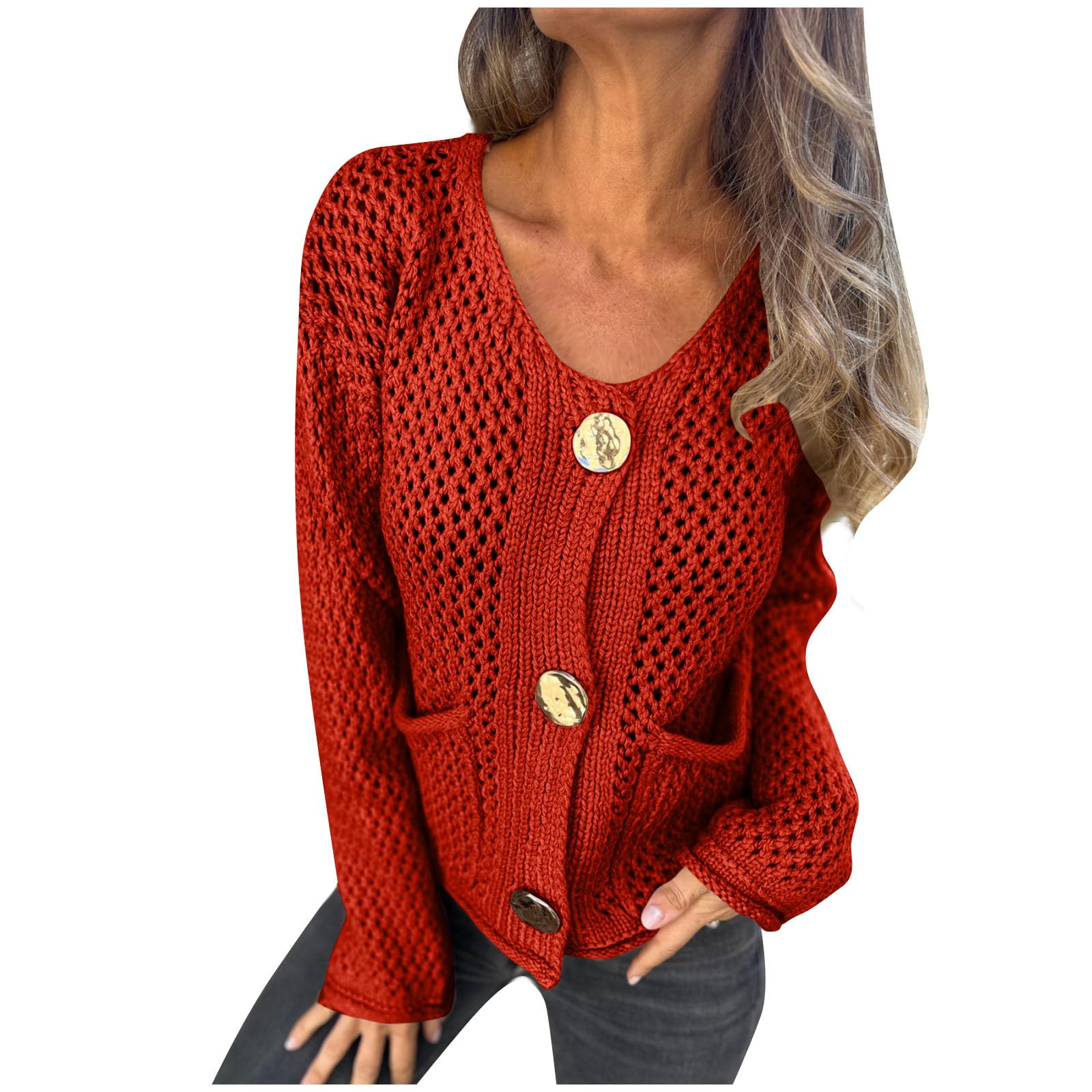 Womens Cardigan Sweater Crochet Hollow Out Long Sleeve Crew Neck Knit Top Button Down Oversized Sweater with Pocket