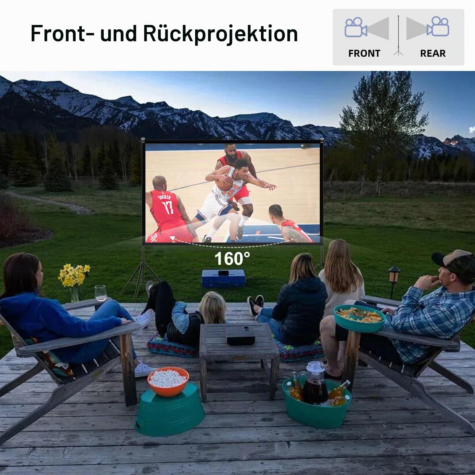 TOWOND 120 Zoll Projektionswand und Ständer, 16:9 HD tragbare einstellbare Innen- und Außenprojektionswand, Front- und Rückprojektion, Tragetasche inklusive für Zuhause, Garten & Camping