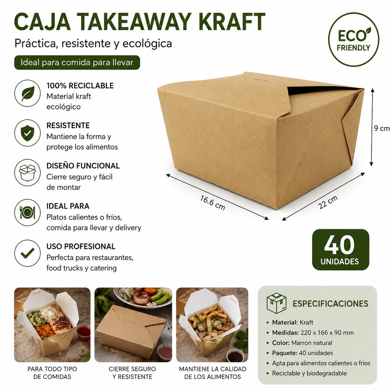 PacknWood - 40 Cajas Comida en Cartón Kraft | Envase Take Away | 6x9 cm, Desechable, Biodegradable Cierre | 22x16, 2800ml | Hostelería, Restaurante, Food Truck, Delivery