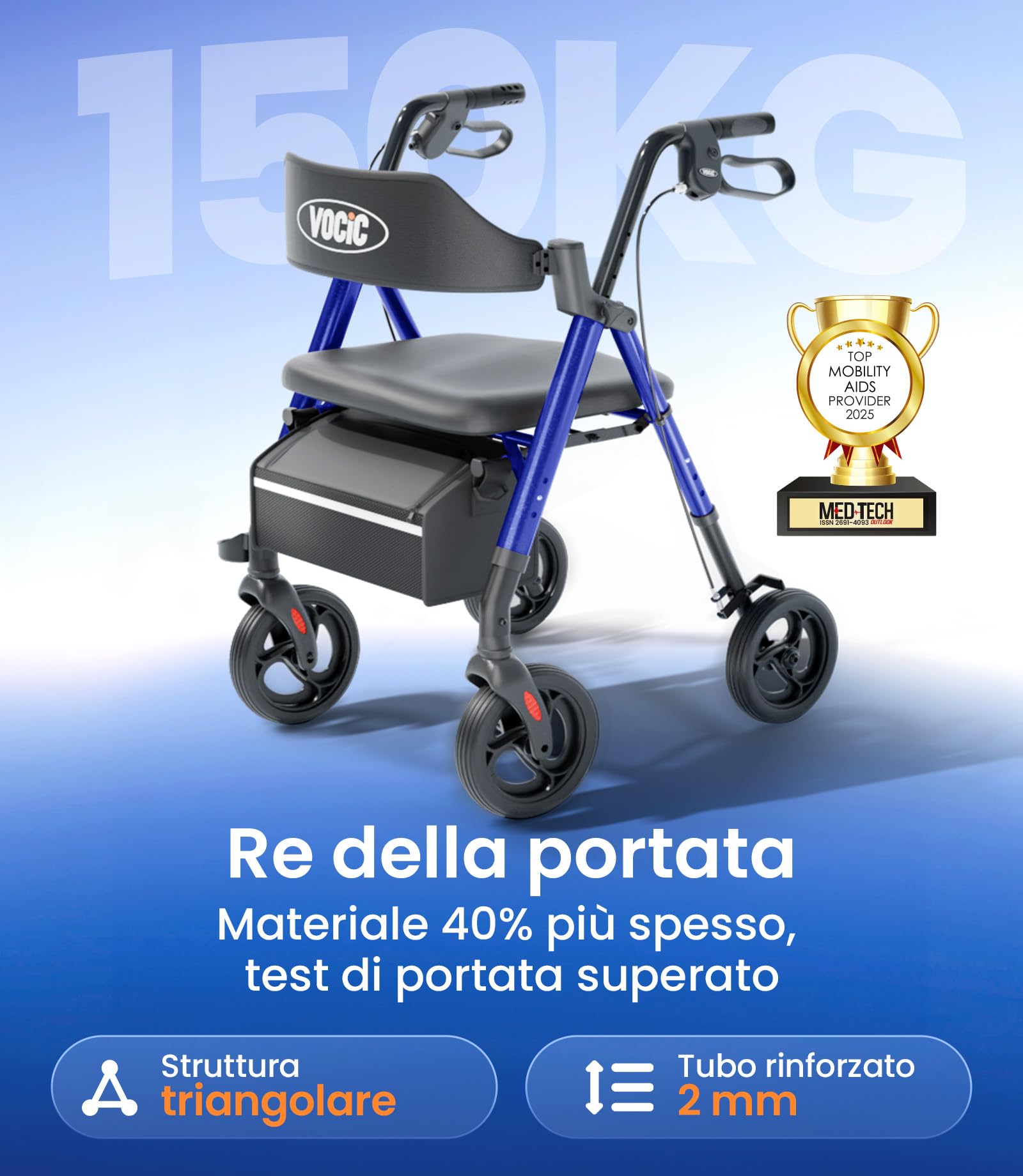 VOCIC deambulatore per anziani 4 ruote,Girello in alluminio leggero con seduta,Rollator pieghevole per alle terrenne, Altezza sedile regolabile,Per esterno e interno,Blu Zaffiro | 5 anni di garanzia