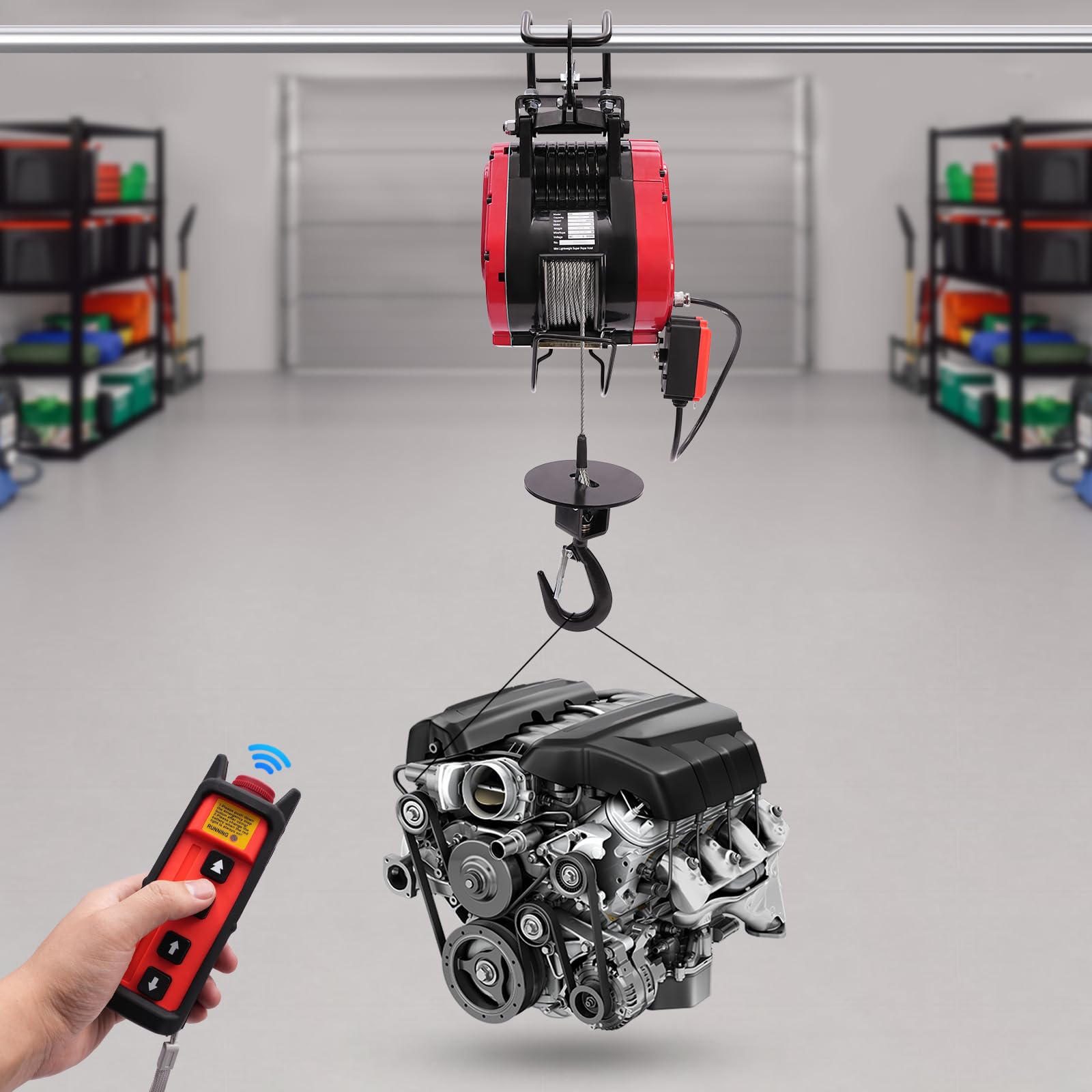 771Lbs Electric Hoist Winch Lift, 1500W Brushless Motor with 2*AA Batteries, Adjustable Speed,Remote Control Power Electric Hoists for Garage, Workshop