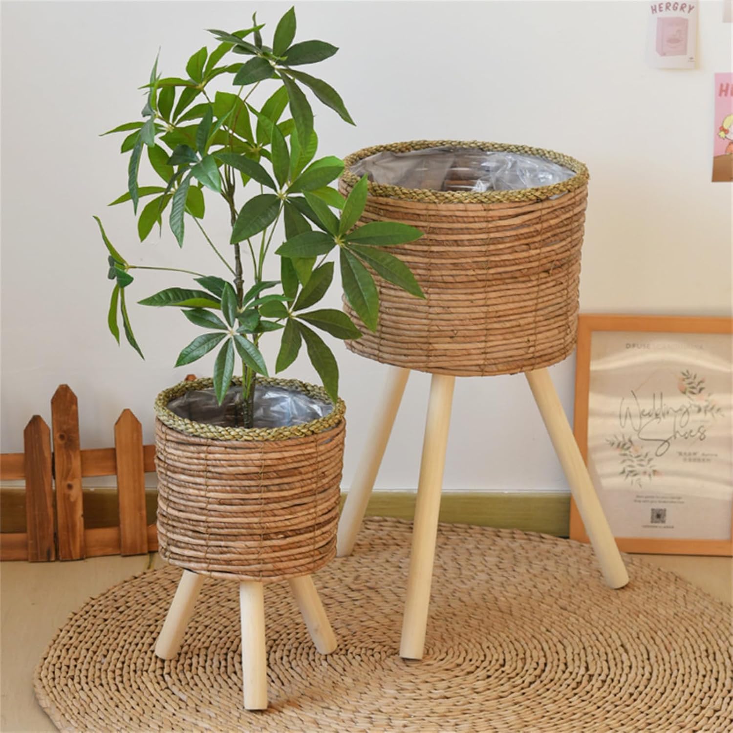 Rattan Indoor Plant Stand Straw Woven Flowers Pots Holder Stool with Legs Floor Planter Baskets Rack Wood Plant Shelf Rattan Stand