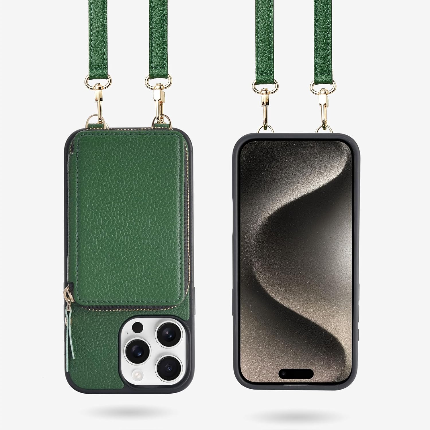 ZVE for iPhone 16 Pro Max Wallet Case, Zipper Crossbody Case with Card Holder Wrist Strap Phone Purse Cover for Women for iPhone 16 Pro Max 6.9" Dark Green - Image 9