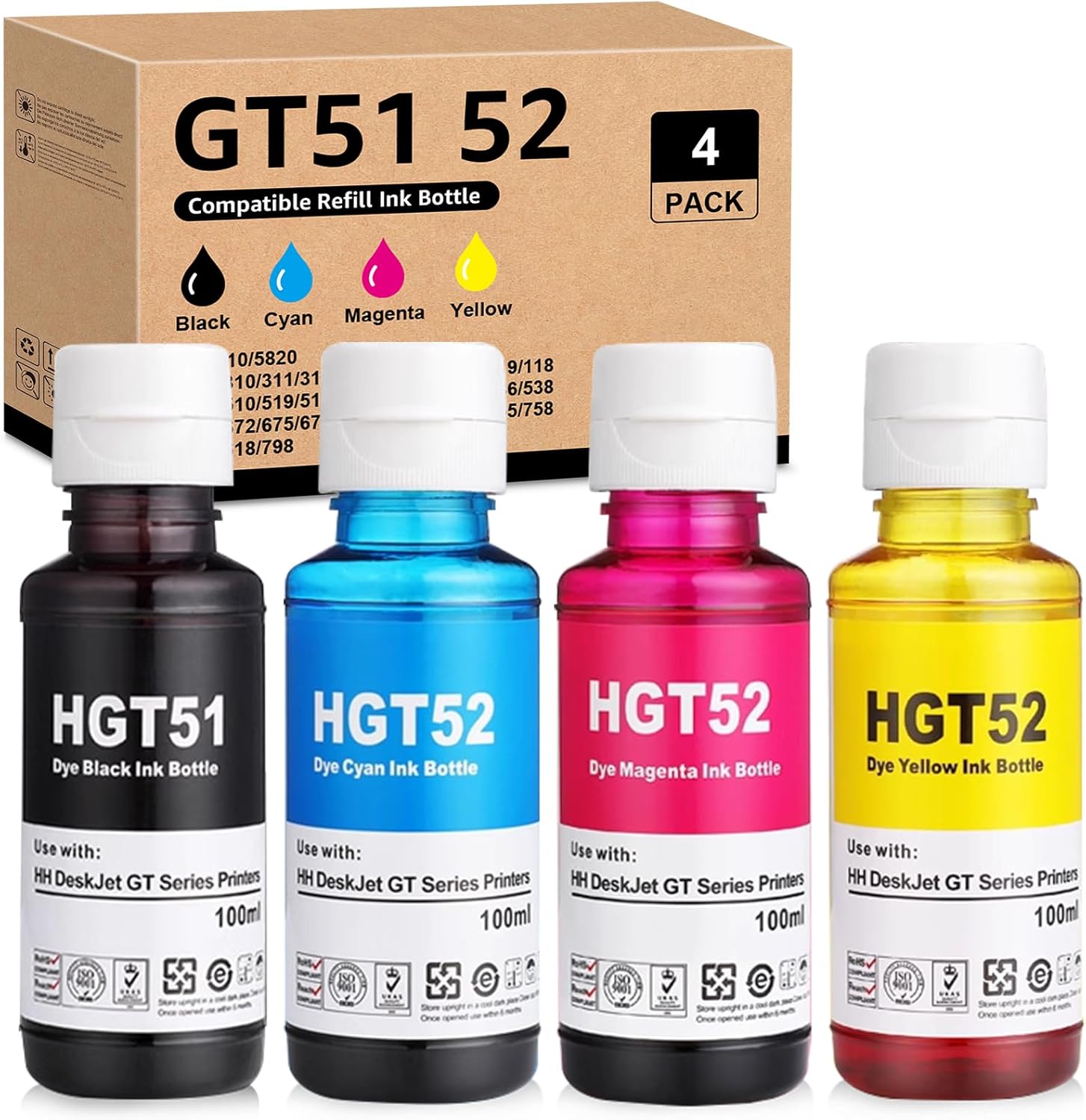 Compatible GT51 GT52 Ink Bottle Replacement for GT 51 BK 52C M Y for GT 5810 5820 5822 500 502 508 511 514 515 518 519 530 531 532 533 538 571 615 618 655 720 750 790 (4 Pack)