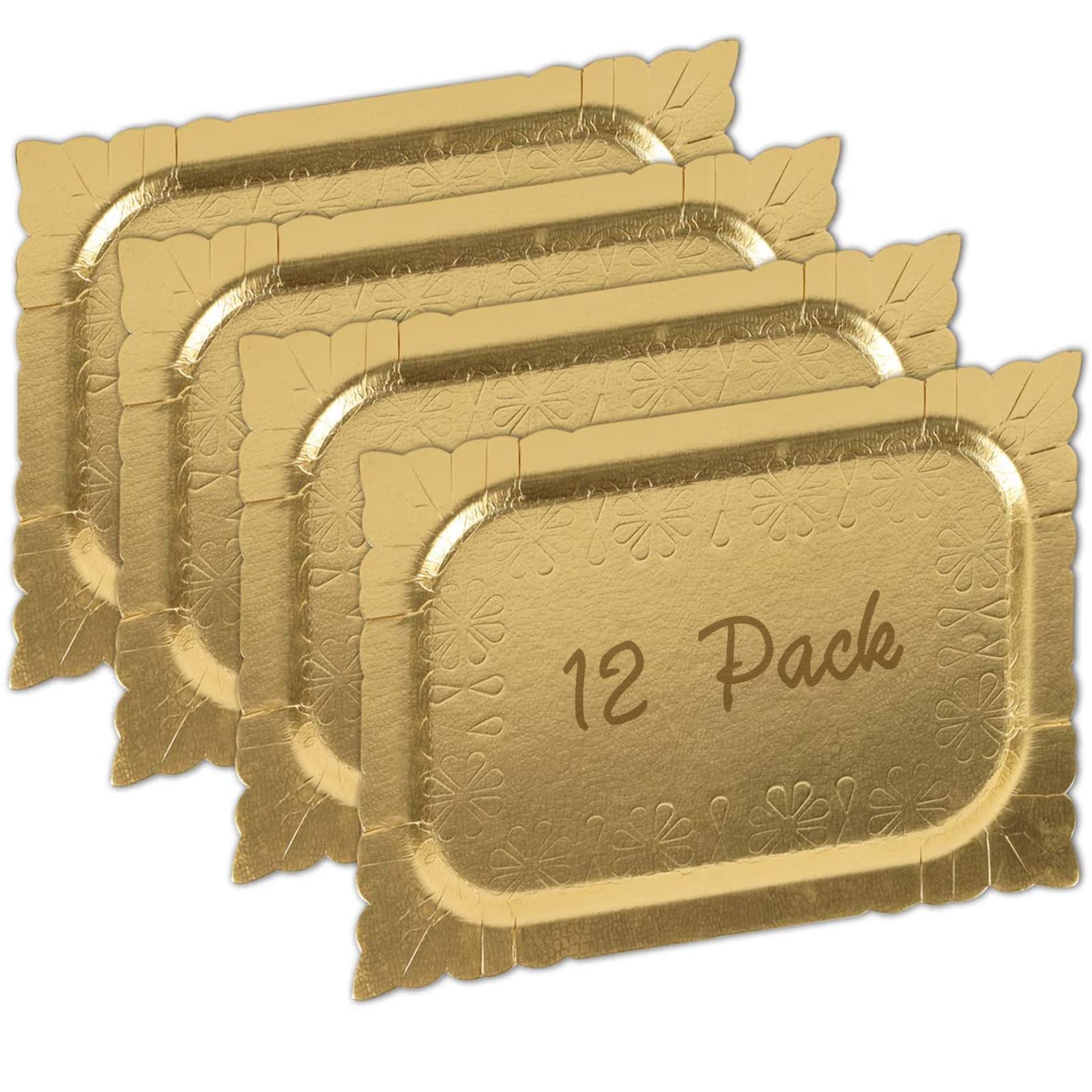 12 Pack Gold Serving Tray for Elegant Dessert Table - Disposable Paper Serving Platters Heavy Duty Rectangle Cupacke Trays for Platters, Cupcake Display, Birthday Party, Dessert, Wedding, Eid Mubarak
