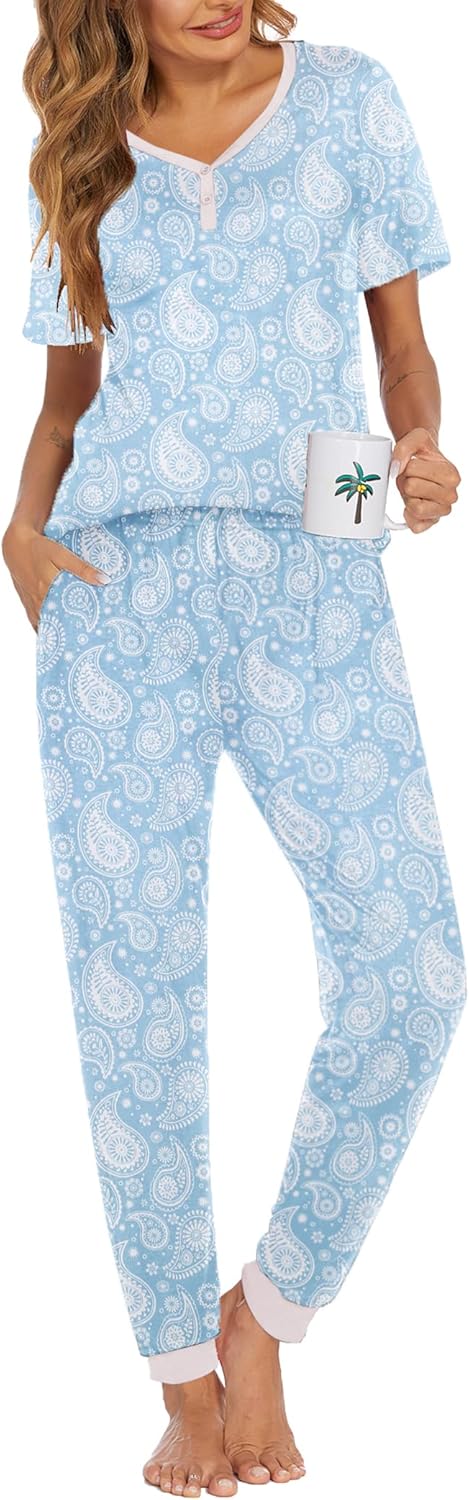 Ekouaer Pajamas for Women Set 2 Piece Lounge Set Short Sleeve Pjs Joggers Long Pants Sleepwear with Pockets