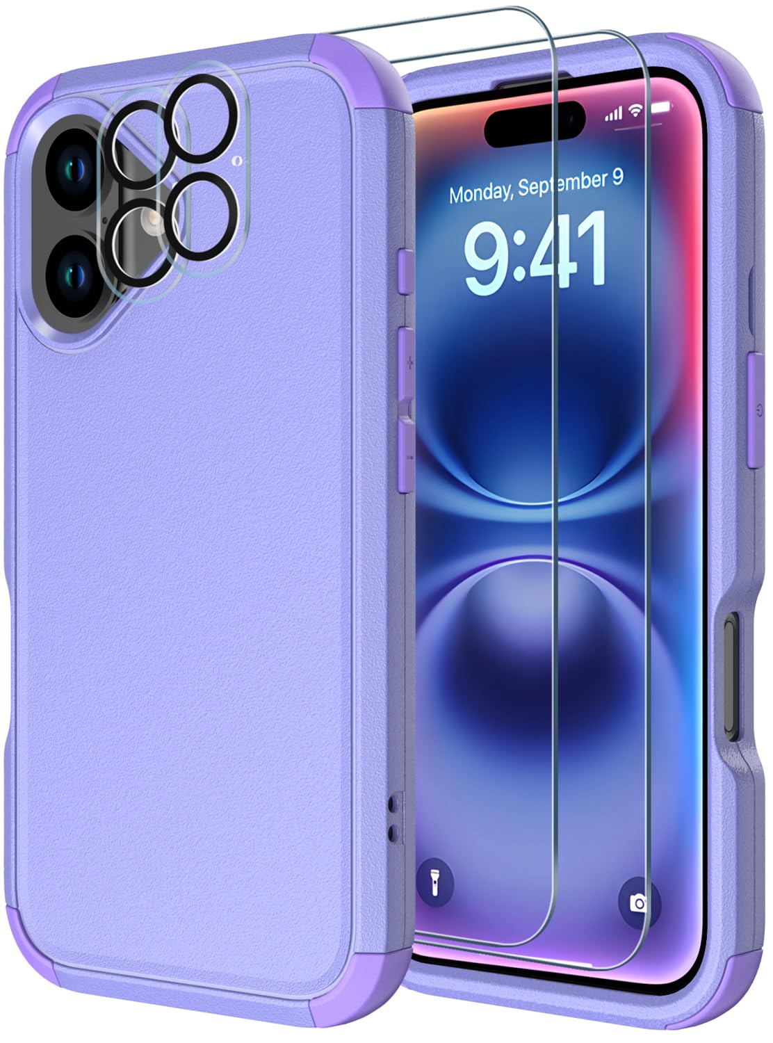 Diverbox for iPhone 16 Plus Case [Shockproof] [Dropproof] [Tempered Glass Screen Protector + Camera Protectors] Heavy Duty Protection Phone Case Cover for Apple iPhone 16 Plus (Purple)