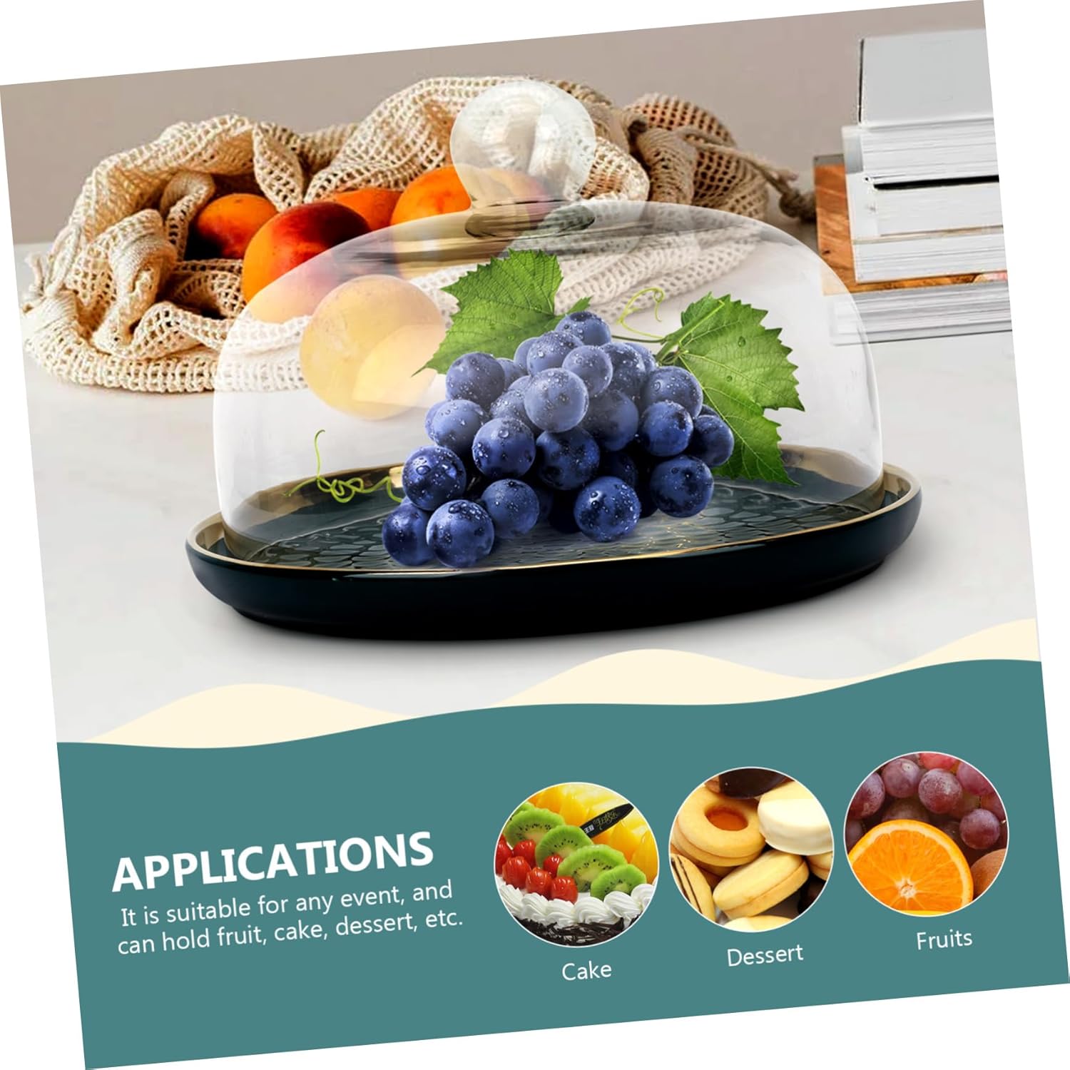 KICHOUSE Dessert Tray Set with Glass Dome Cover Cake Serving Plate Food Storage Container for Parties and Events for Displaying Cakes and Snacks